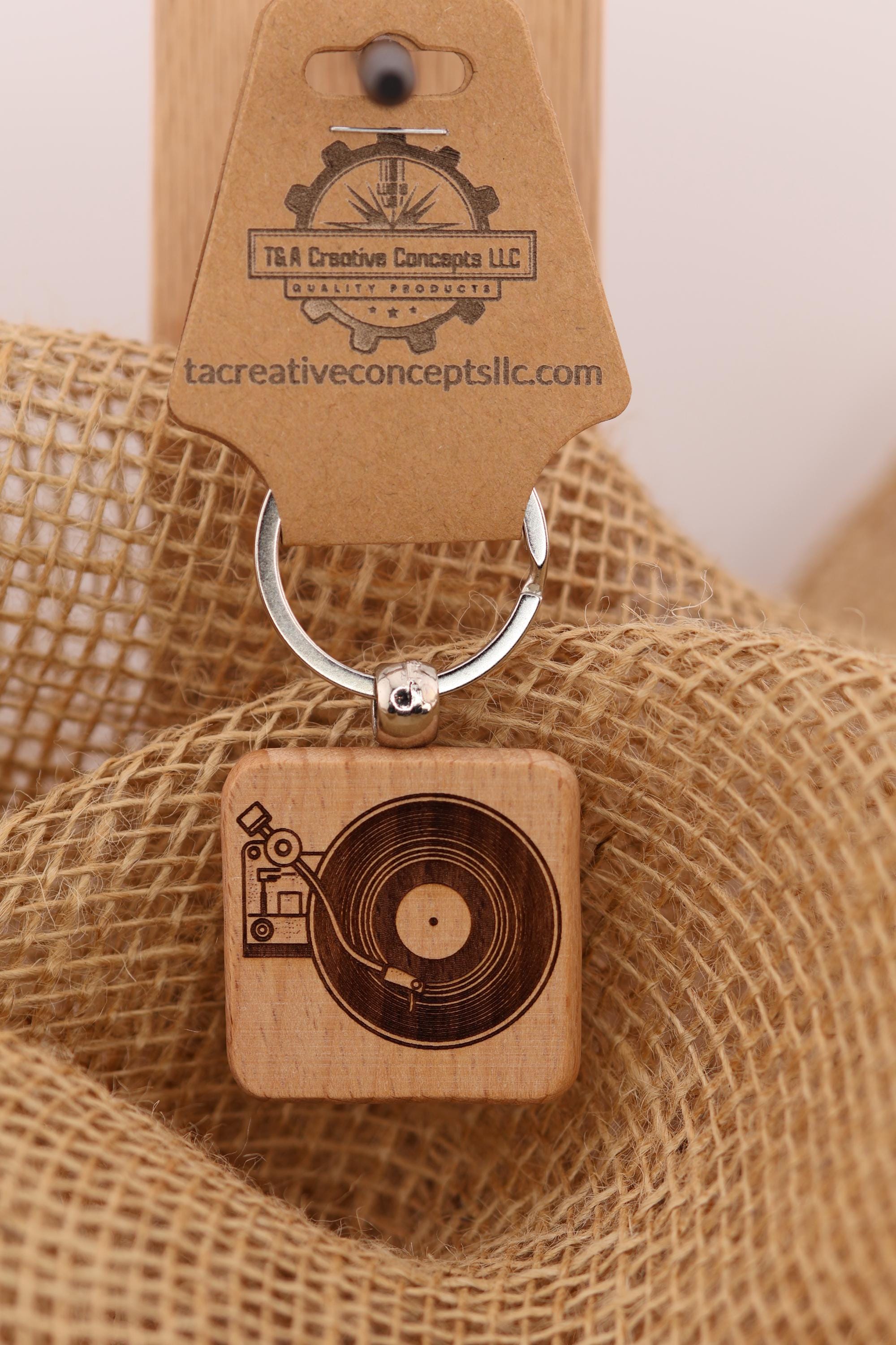 Laser engraved wood record turntable keychain / bag charm: music lover gift