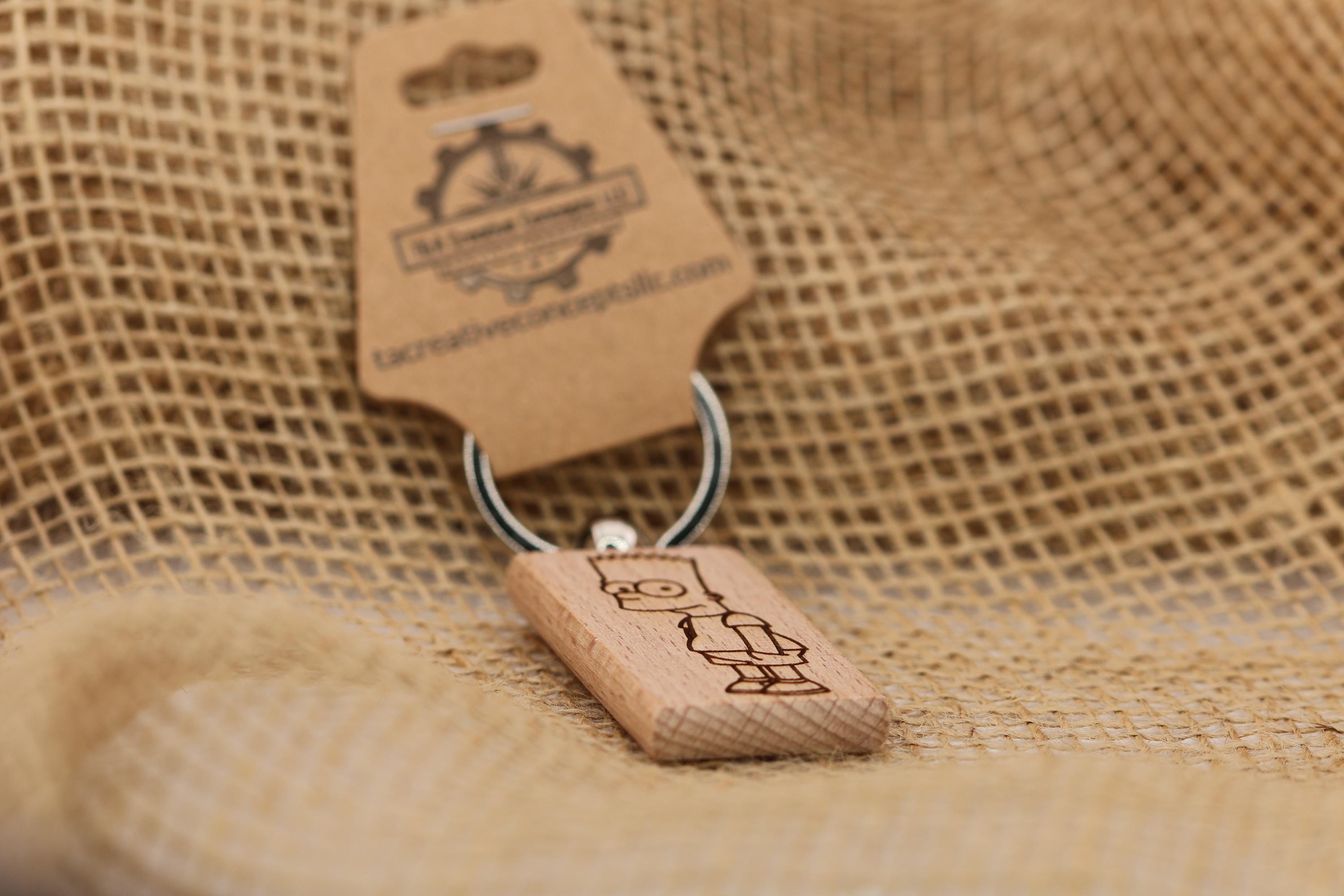 Laser engraved Bart Simpson keychain / bag charm: hardwood, stainless steel keyring
