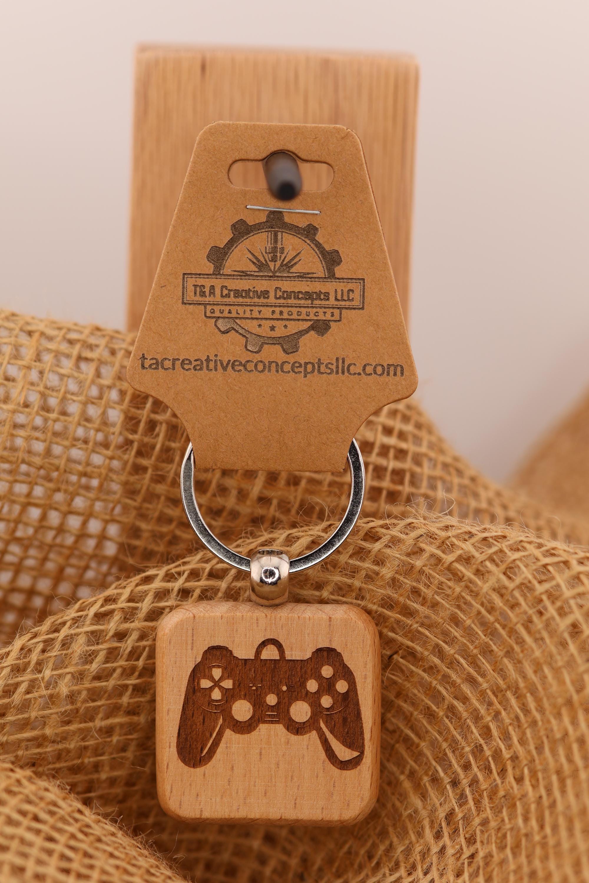 Playstation controller keychain / bag charm – double-sided laser engraved wood with stainless steel keyring, gamer gift