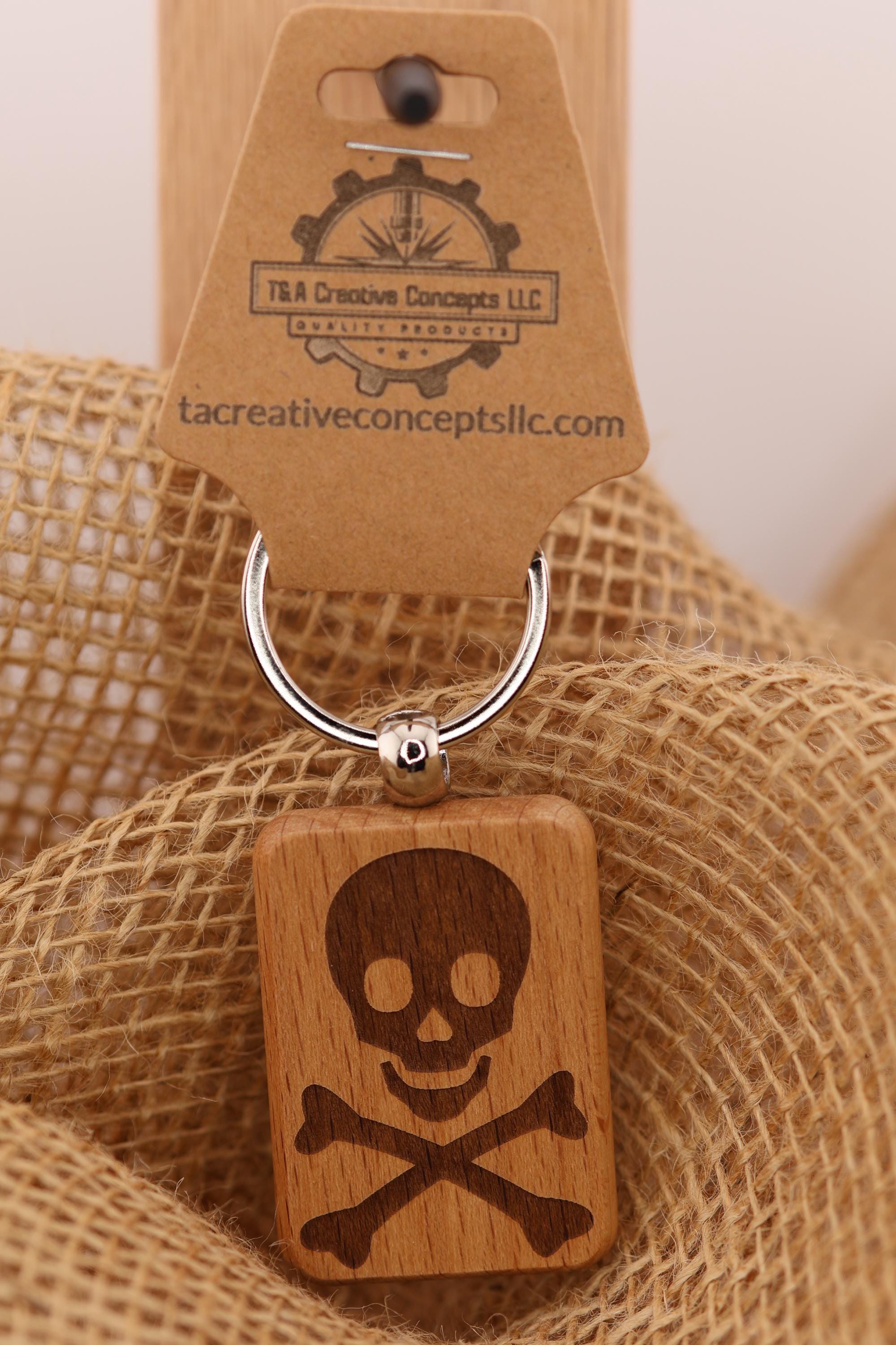 Laser engraved skull & crossbones keychain / bag charm: hardwood gothic pirate gift