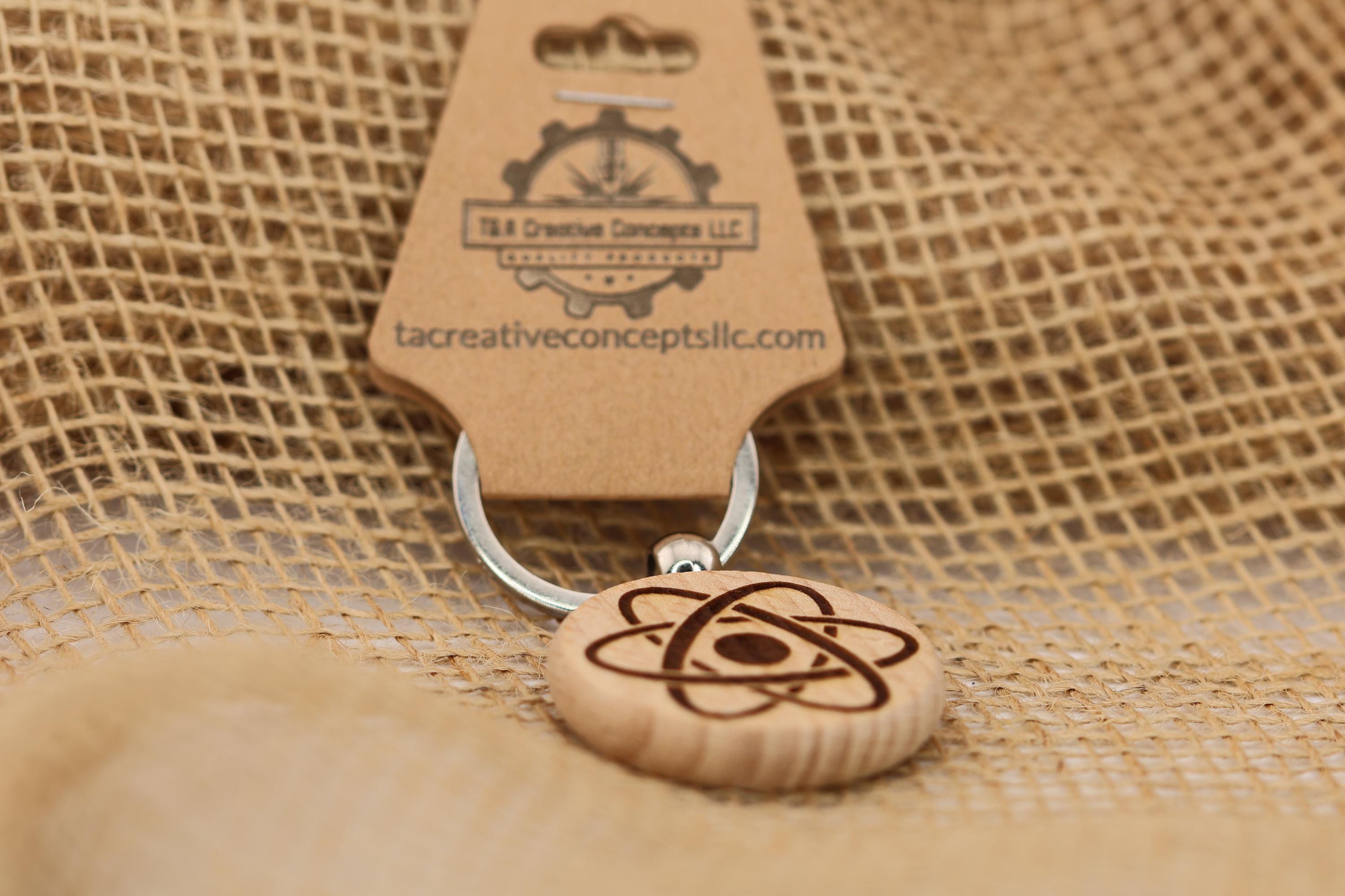 Laser engraved atomic symbol keychain / bag charm: hardwood science gift