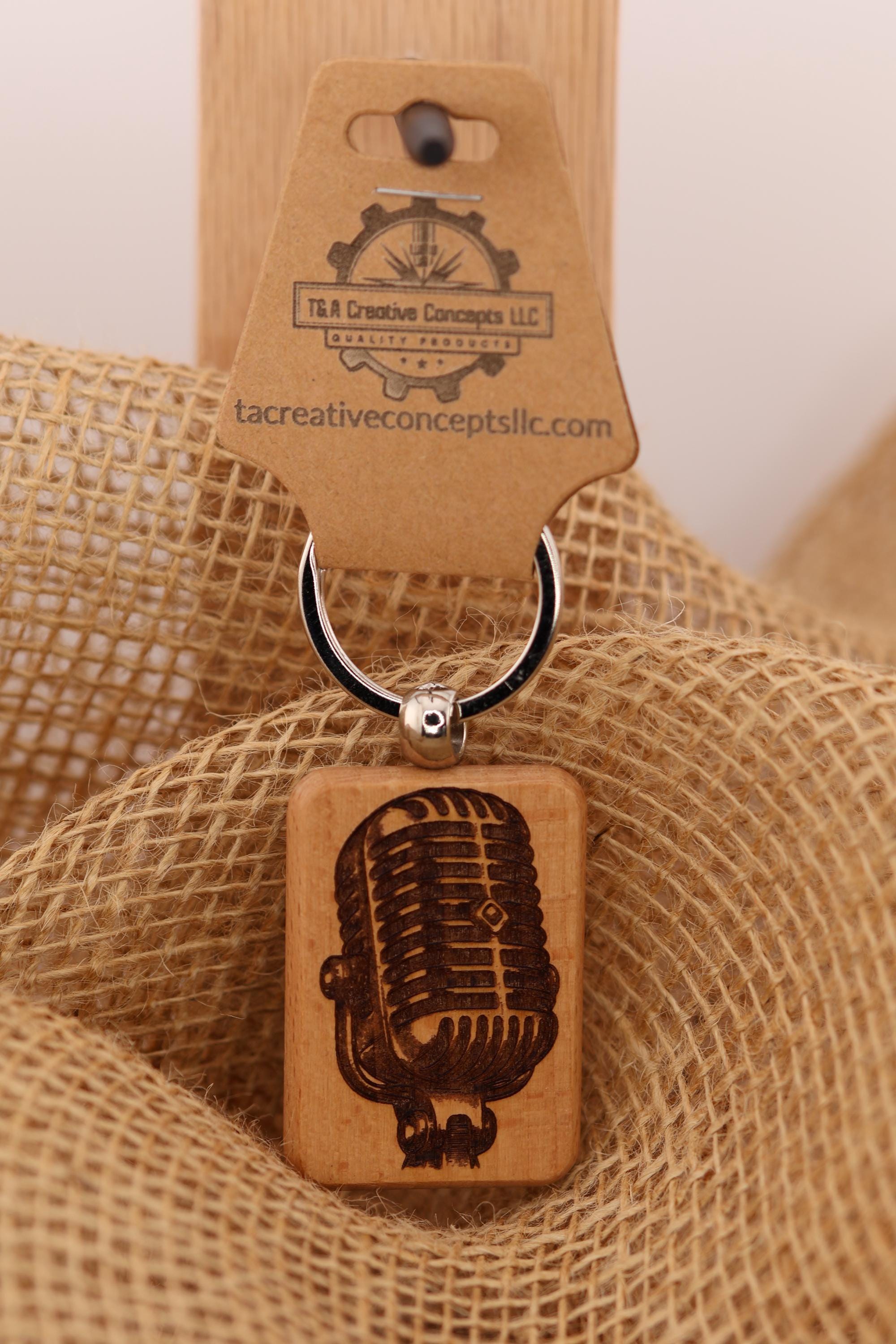 Laser engraved hardwood microphone keychain / bag charm: singer musician gift