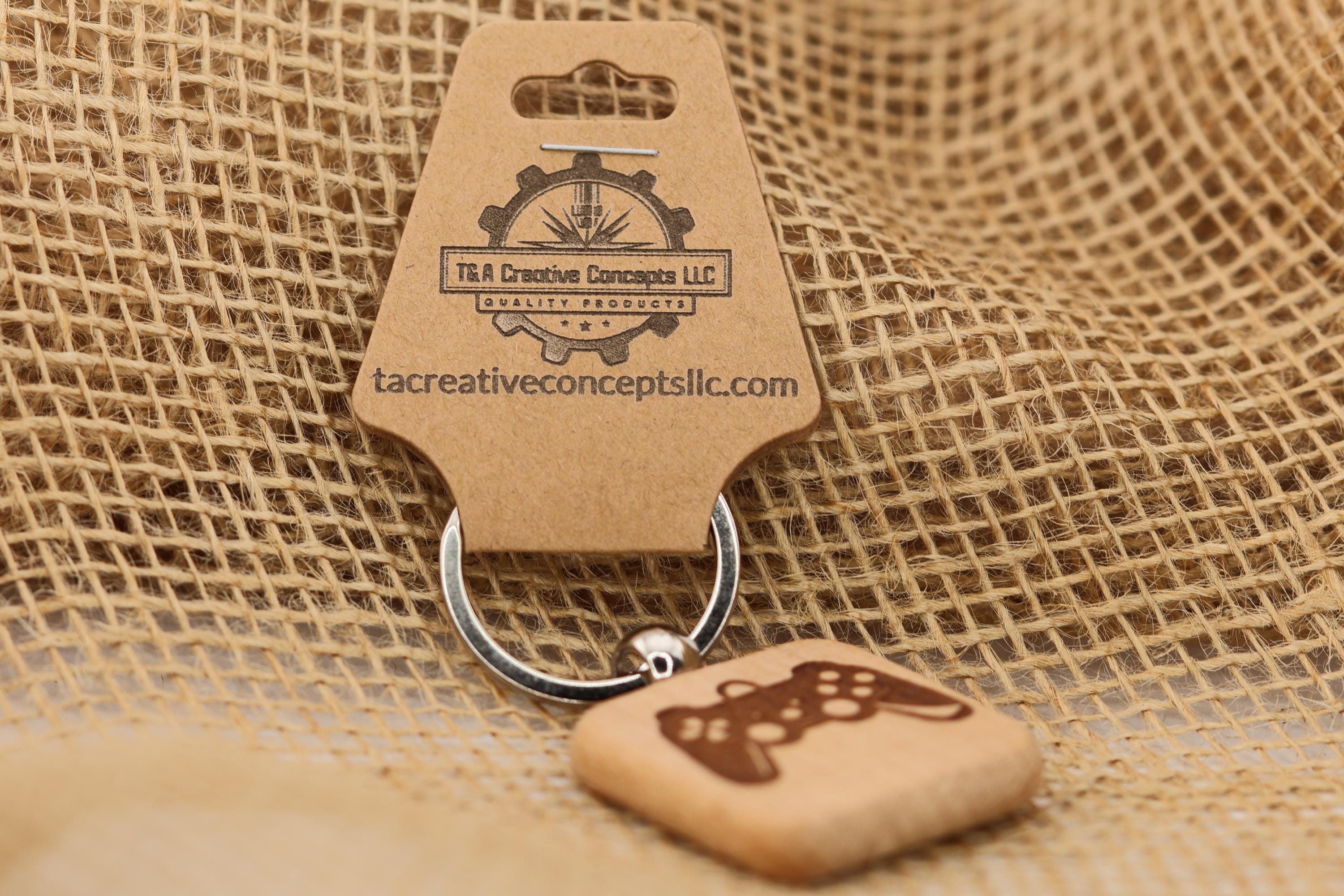Playstation controller keychain / bag charm – double-sided laser engraved wood with stainless steel keyring, gamer gift