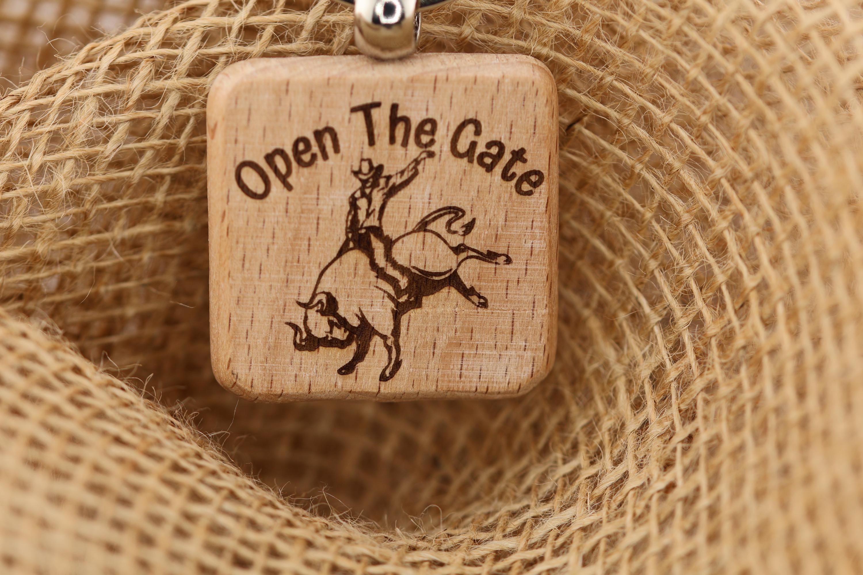 Open the gate rodeo keychain / Bag Charm: laser engraved hardwood, cowboy gift