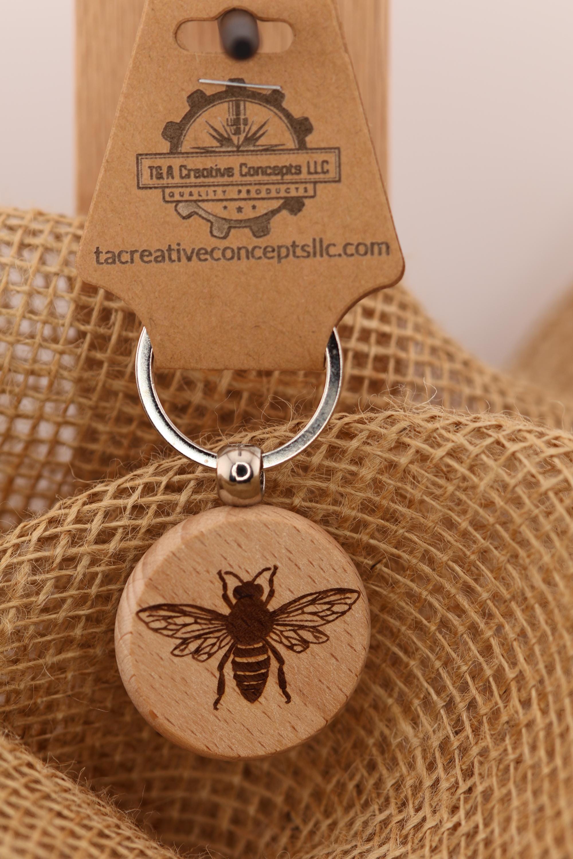 Laser engraved wood bee keychain / bag charm: stainless steel keyring, nature lover gift