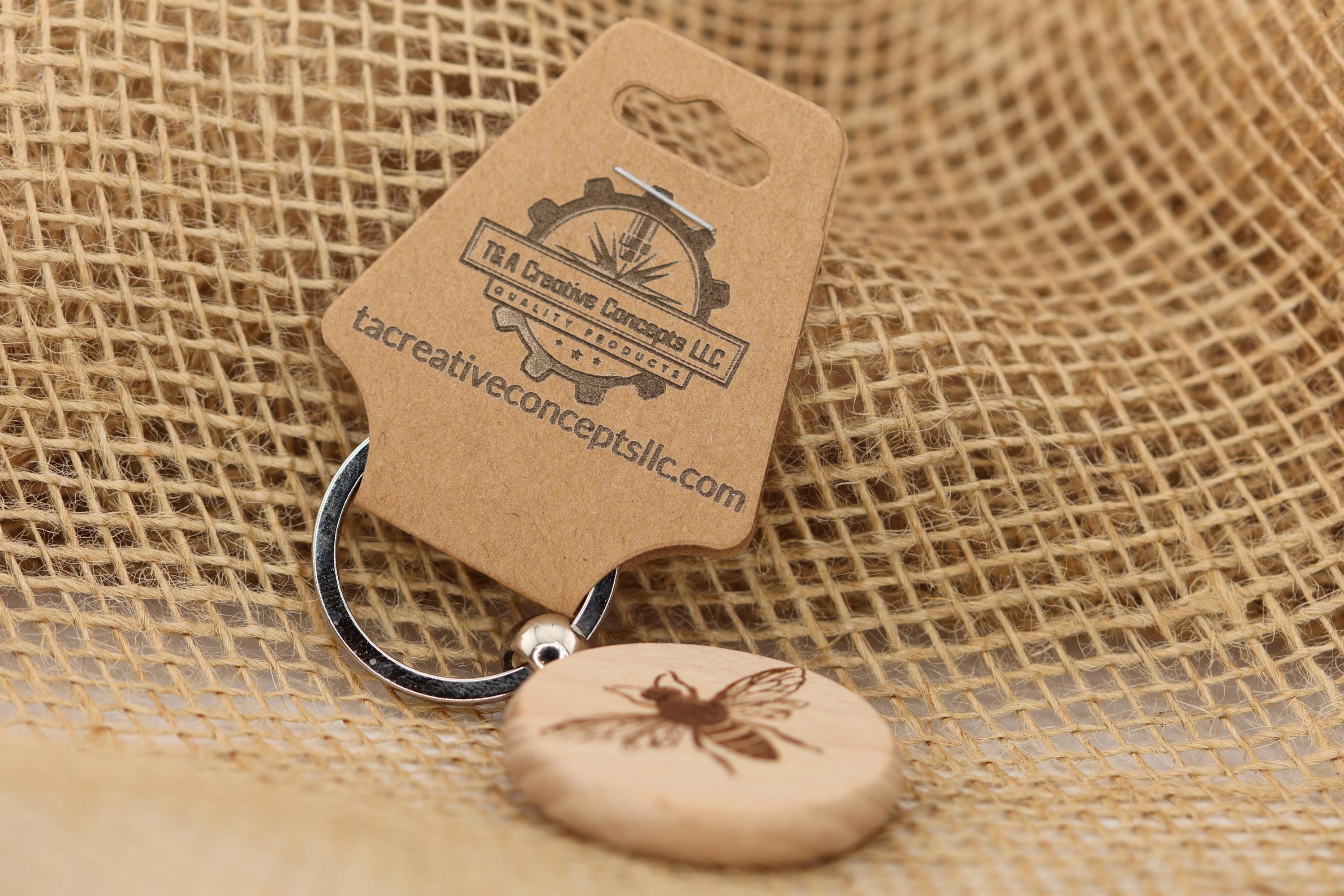 Laser engraved wood bee keychain / bag charm: stainless steel keyring, nature lover gift