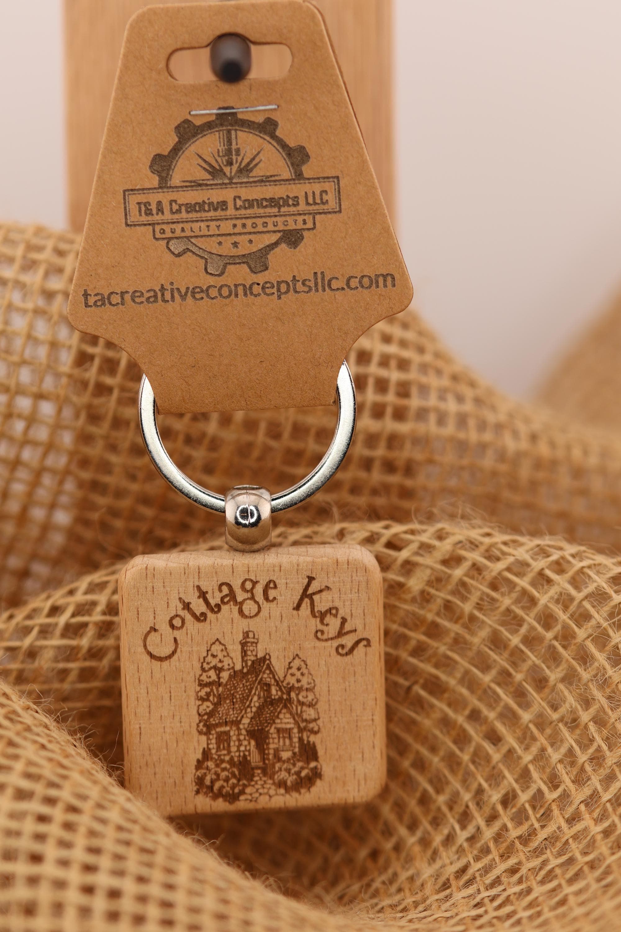 Cottage keys keychain: laser engraved hardwood with stainless steel keyring