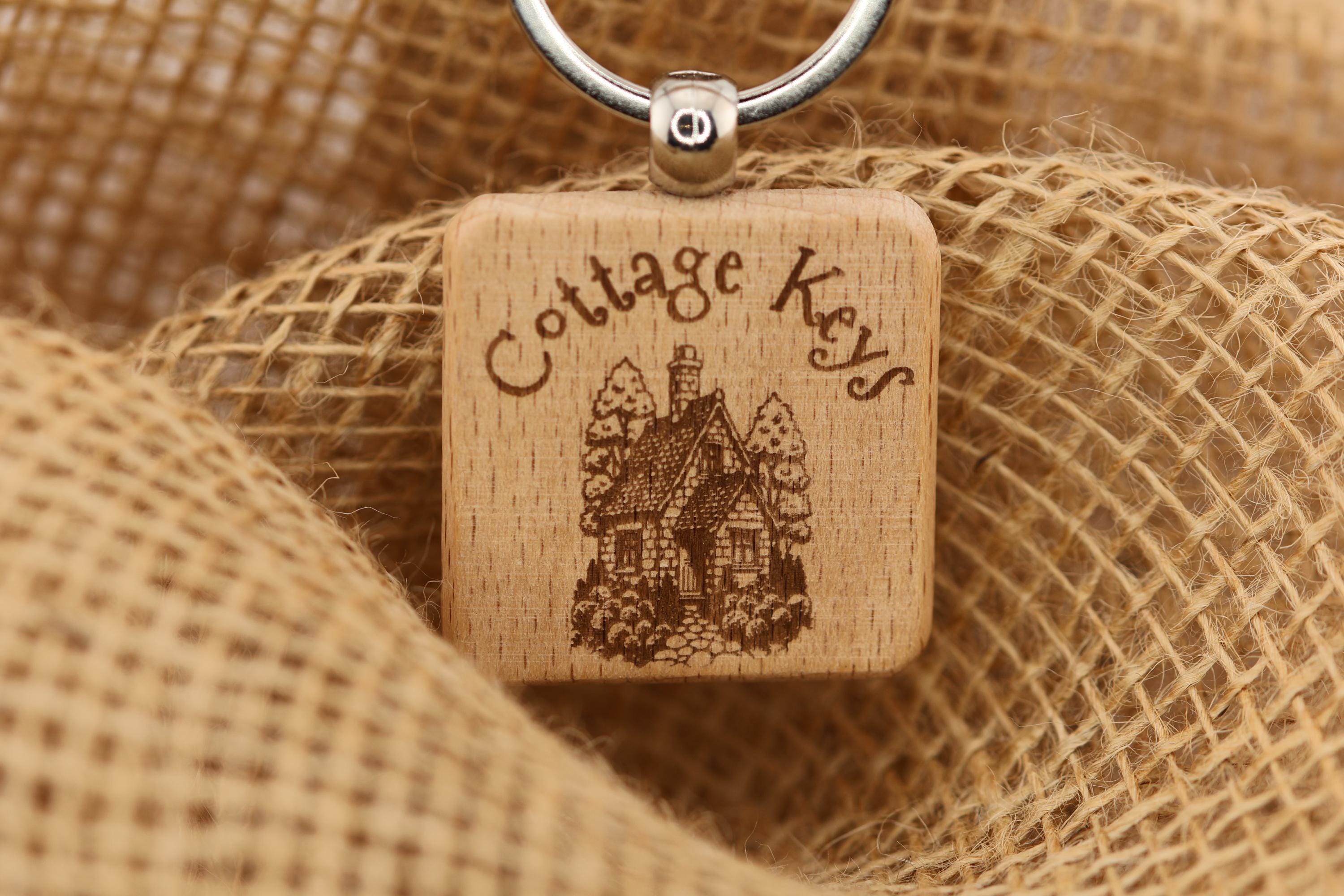 Cottage keys keychain: laser engraved hardwood with stainless steel keyring