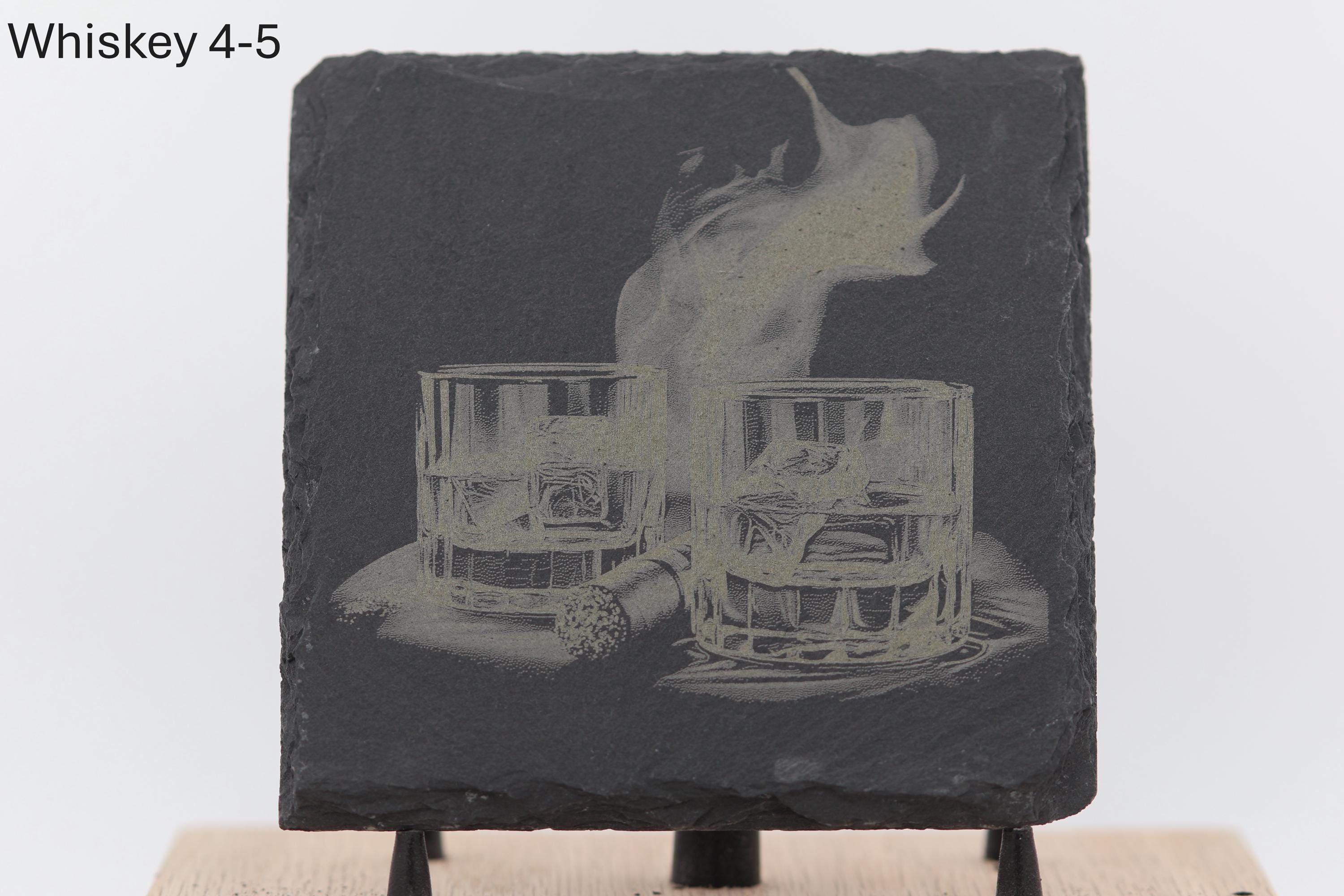 Laser engraved slate whiskey coasters: pick & choose your designs
