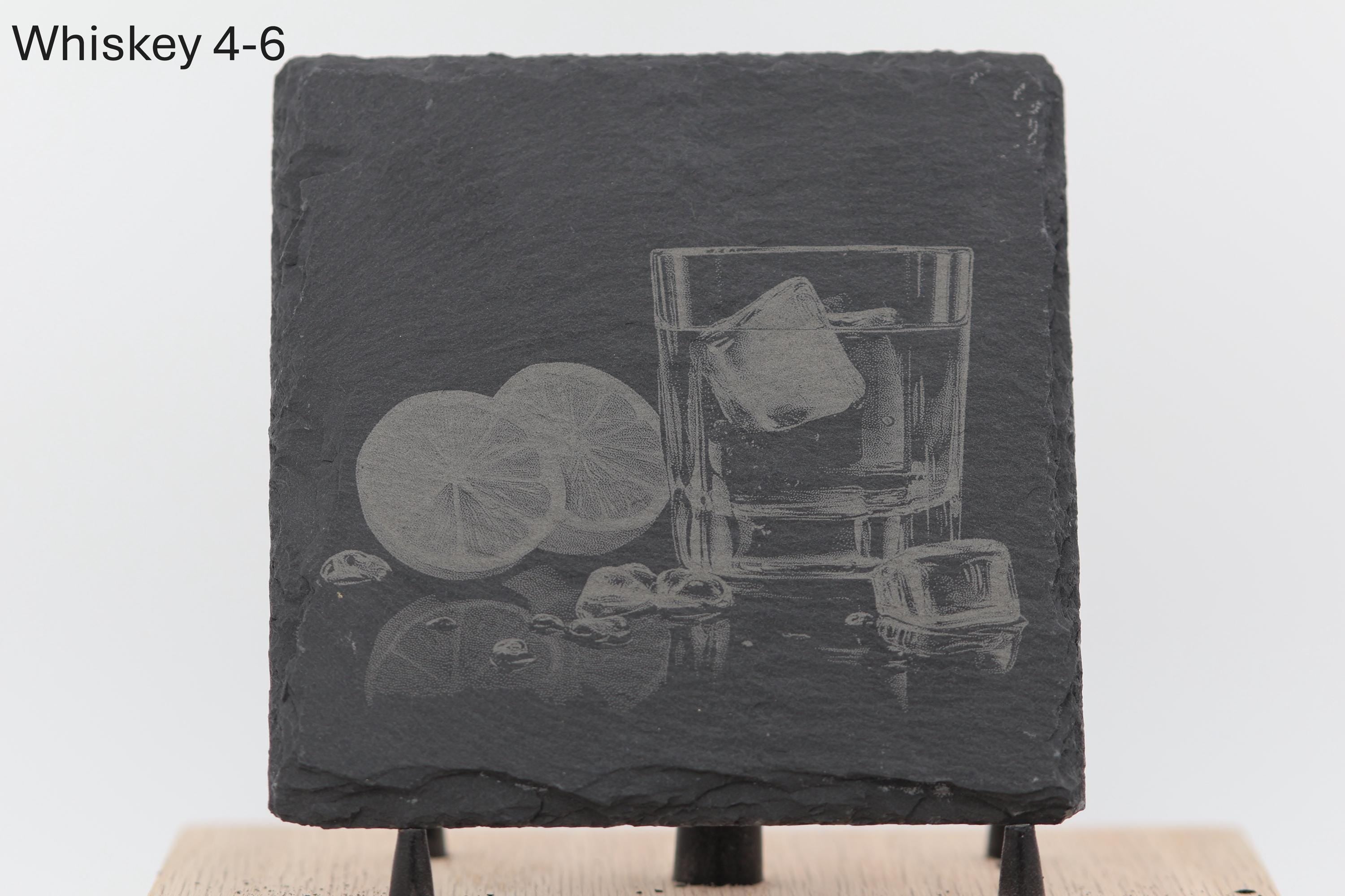 Laser engraved slate whiskey coasters: pick & choose your designs