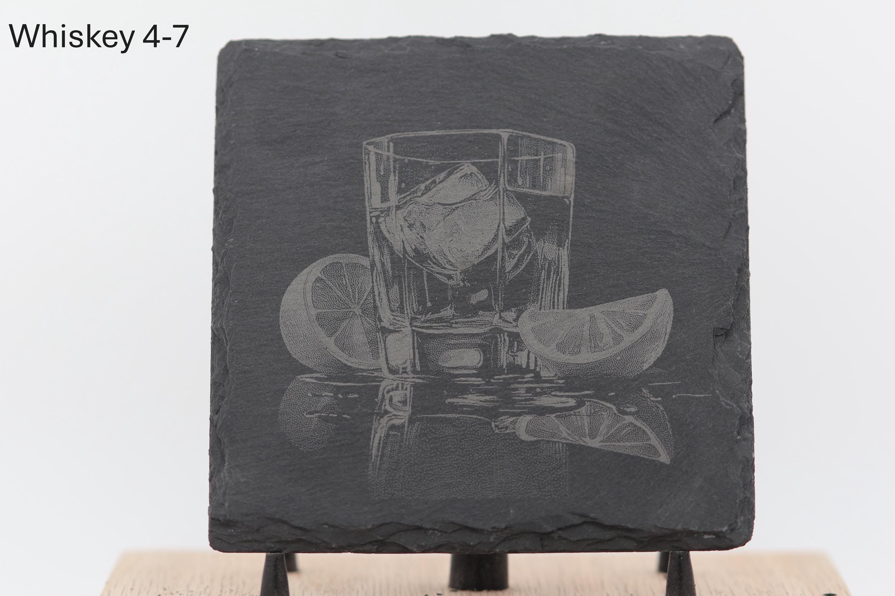 Laser engraved slate whiskey coasters: pick & choose your designs