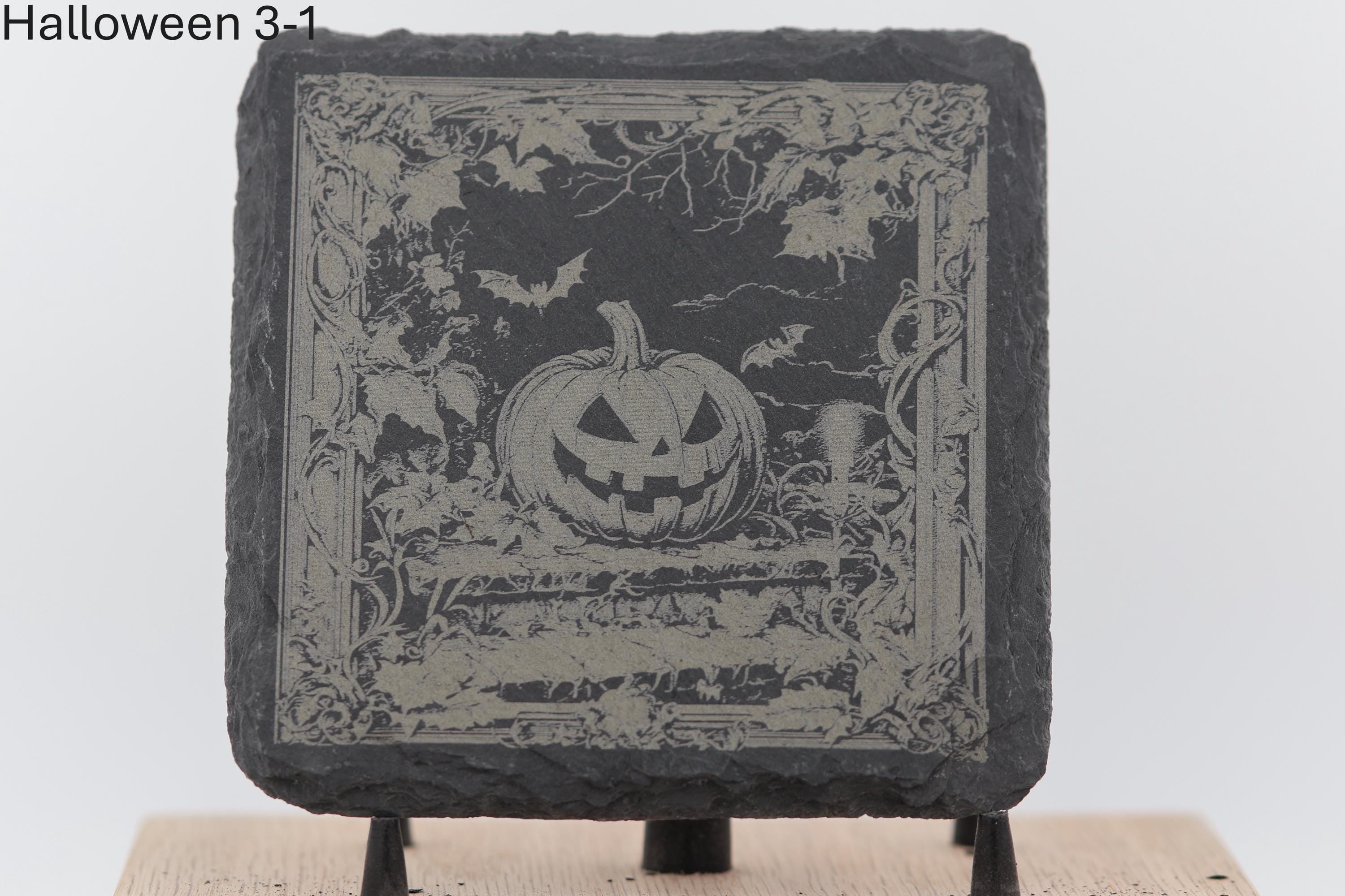 Laser engraved halloween slate coasters - spooky home bar gift