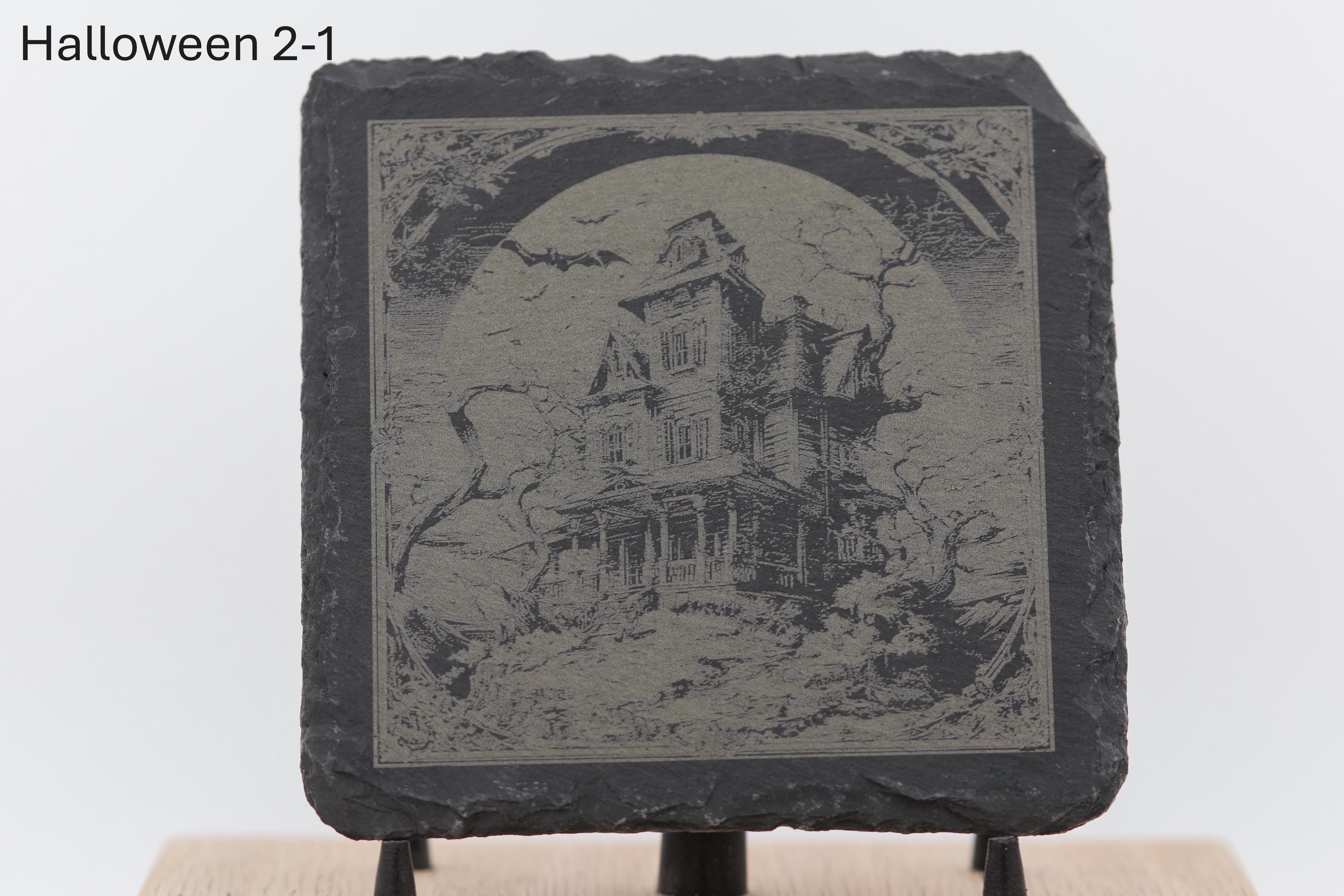 Laser engraved halloween slate coasters - home bar decor