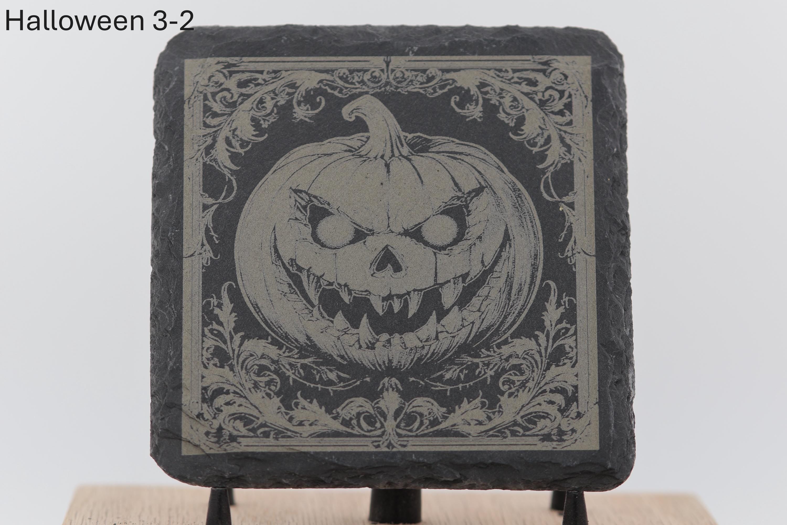 Laser engraved halloween slate coasters - spooky home bar gift