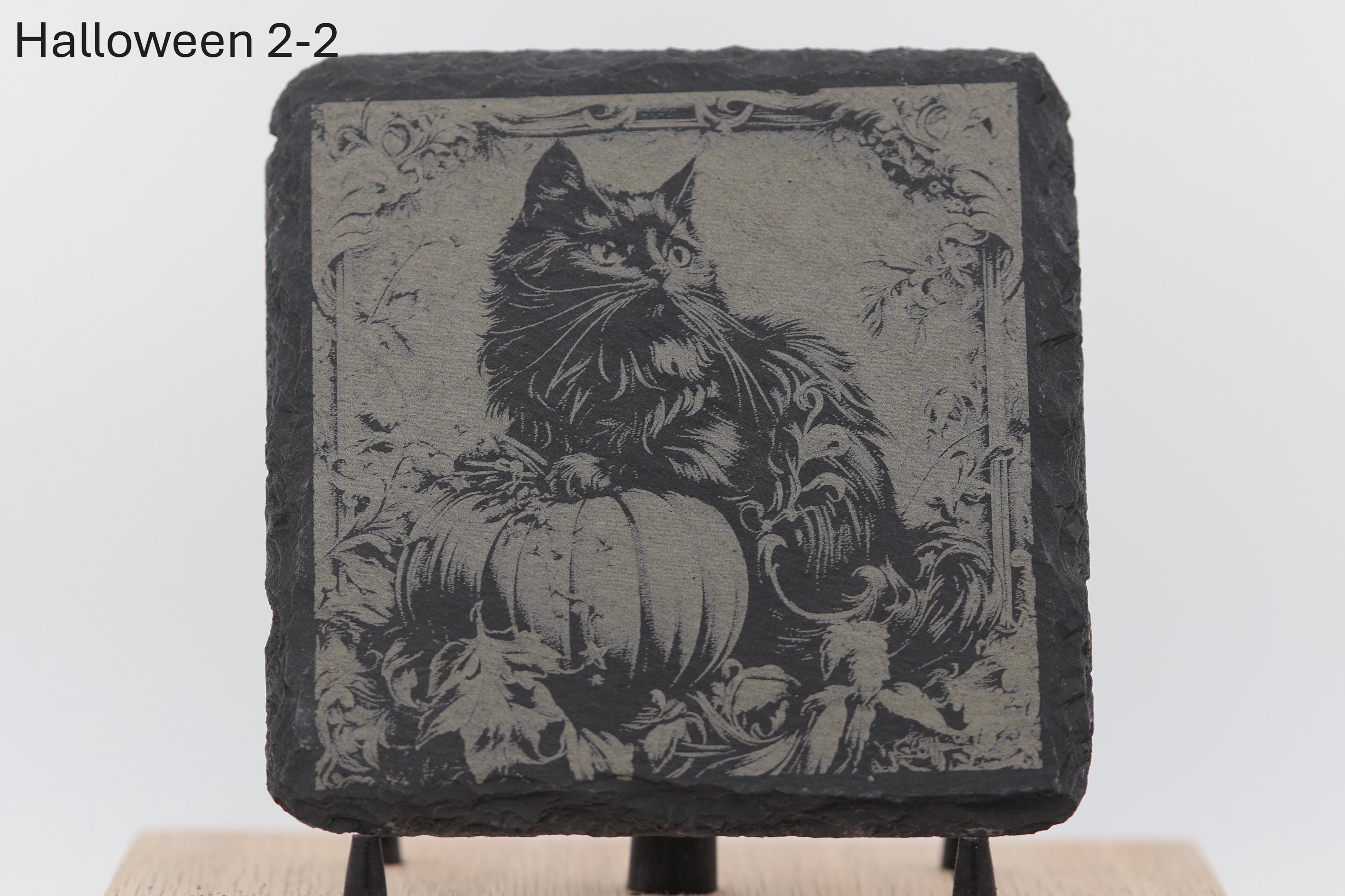 Laser engraved halloween slate coasters - home bar decor