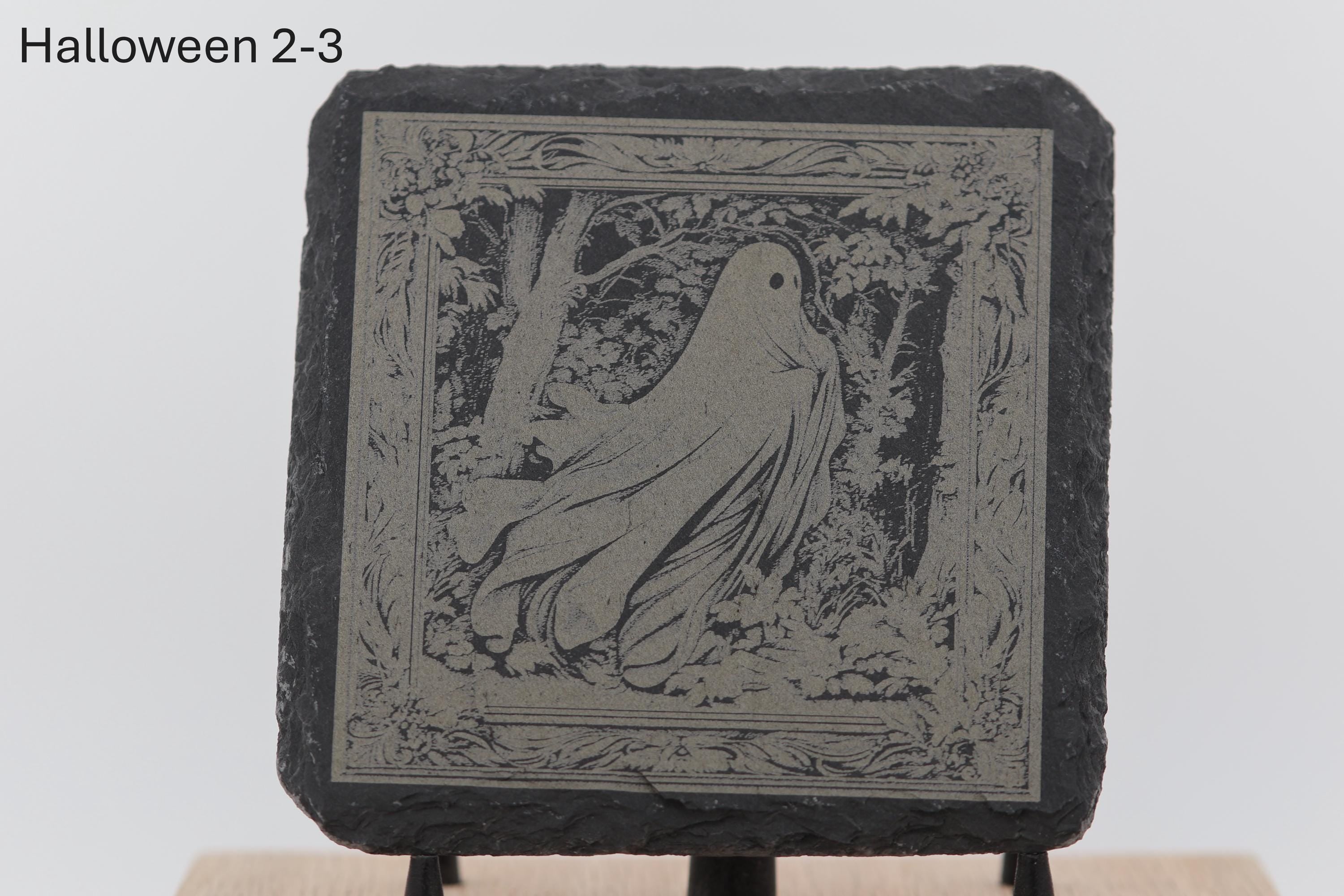 Laser engraved halloween slate coasters - home bar decor