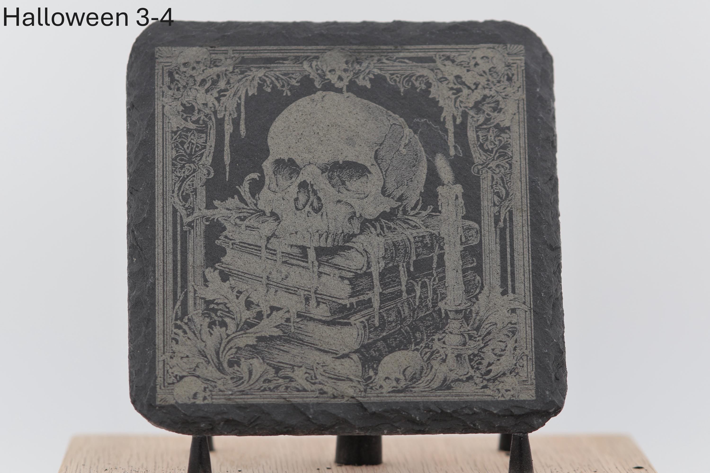 Laser engraved halloween slate coasters - spooky home bar gift
