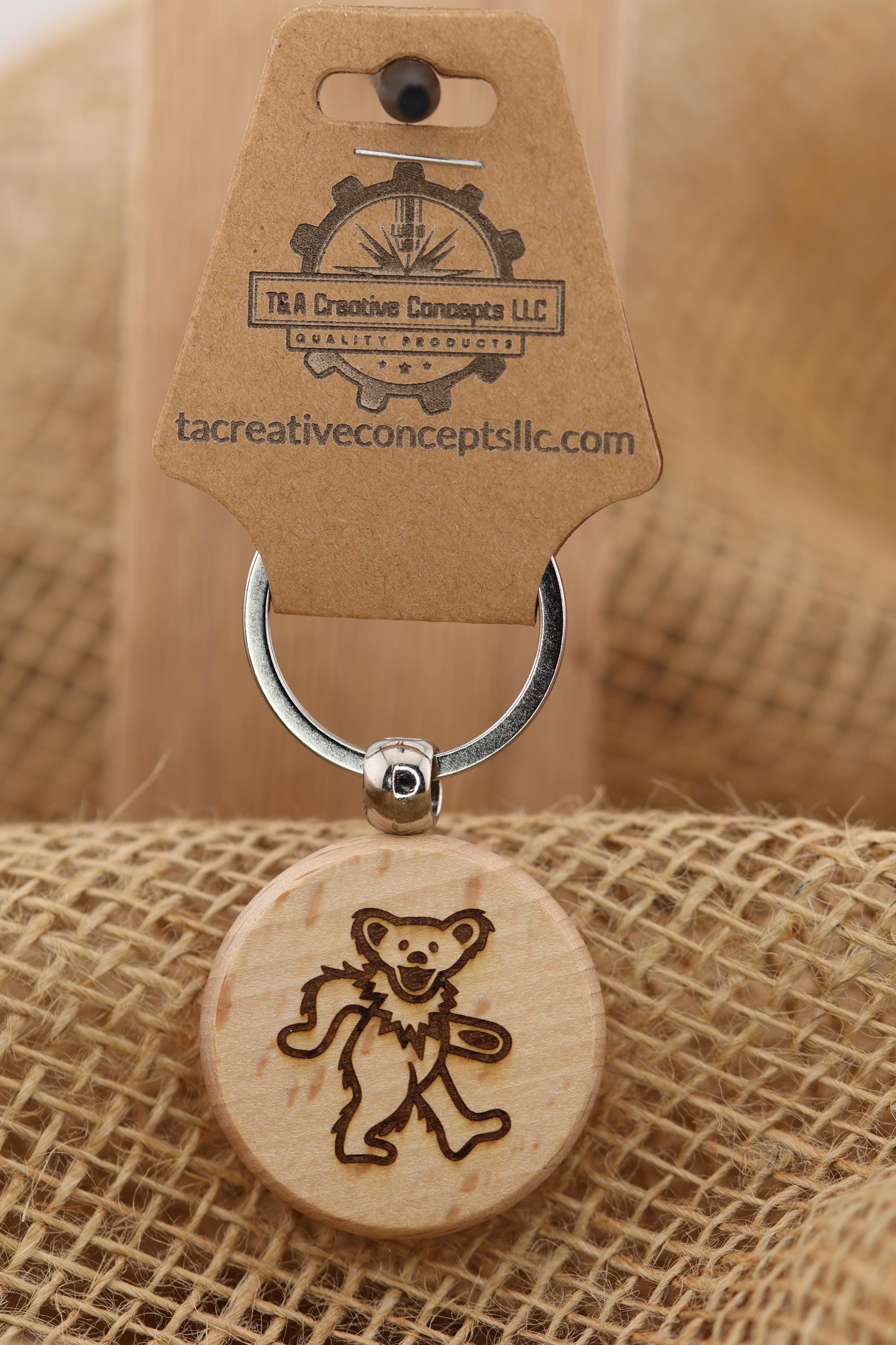 Grateful Dead Dead-Bear keychain / bag charm – double-sided laser engraved wood with stainless steel keyring, fan gift