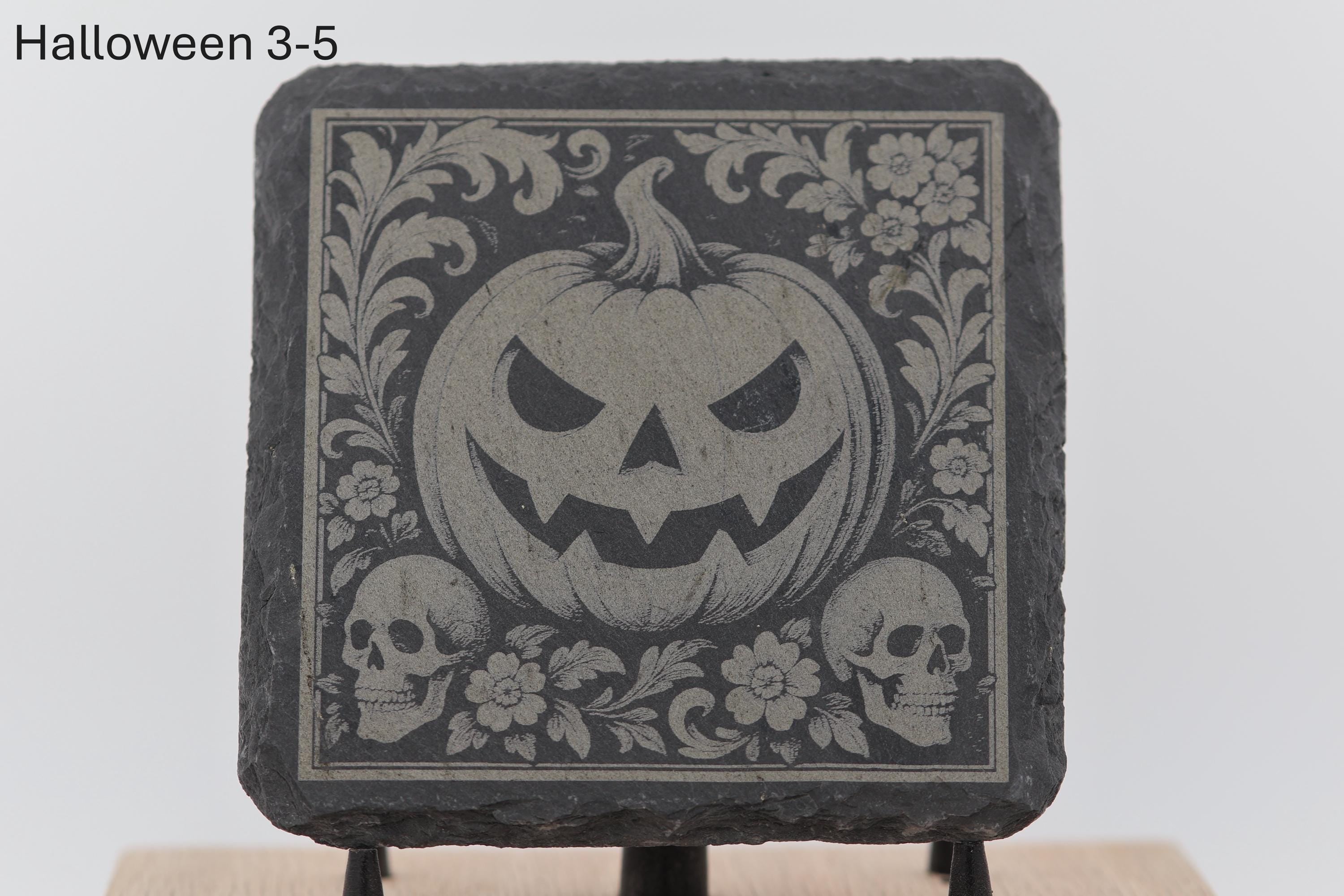 Laser engraved halloween slate coasters - spooky home bar gift