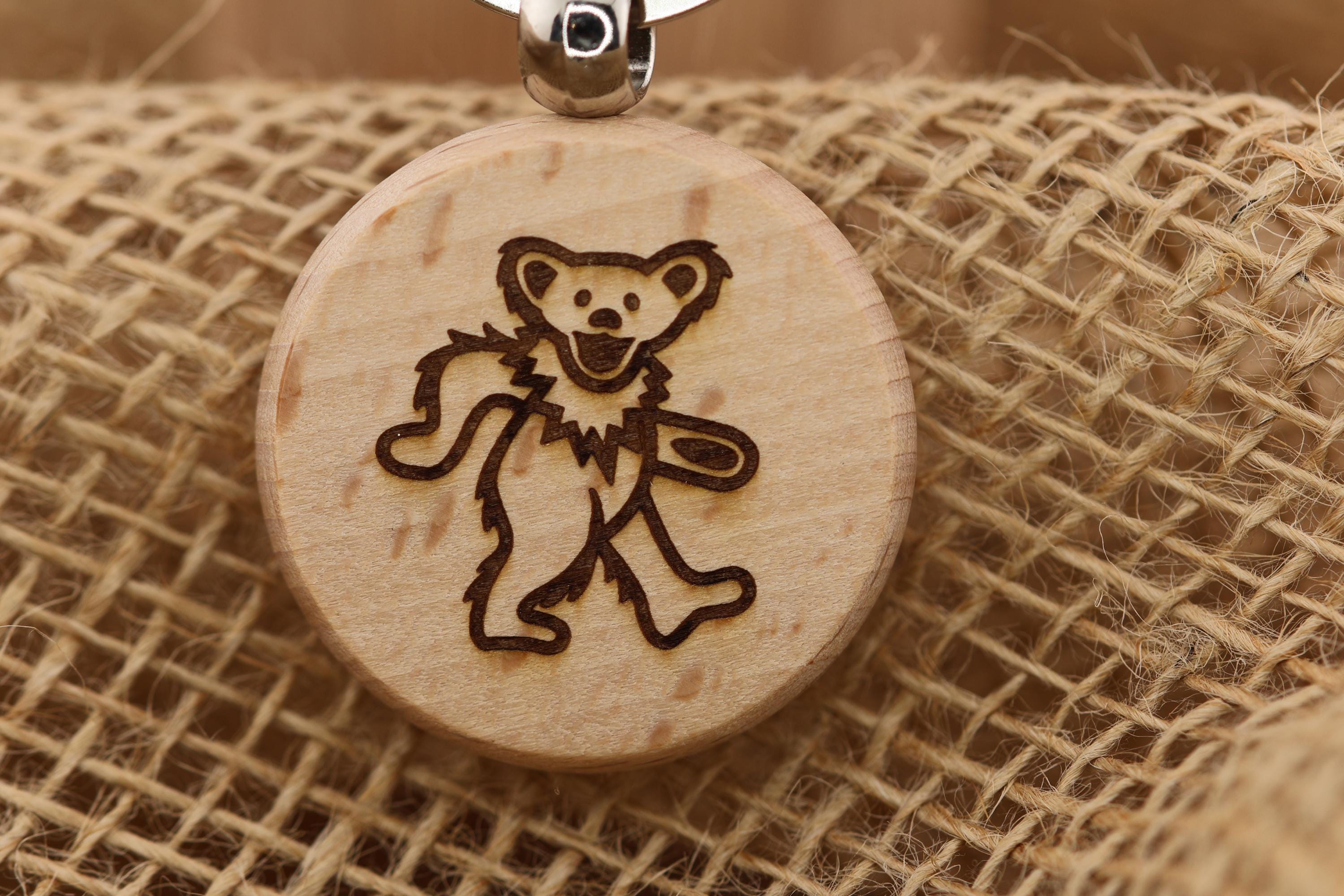 Grateful Dead Dead-Bear keychain / bag charm – double-sided laser engraved wood with stainless steel keyring, fan gift