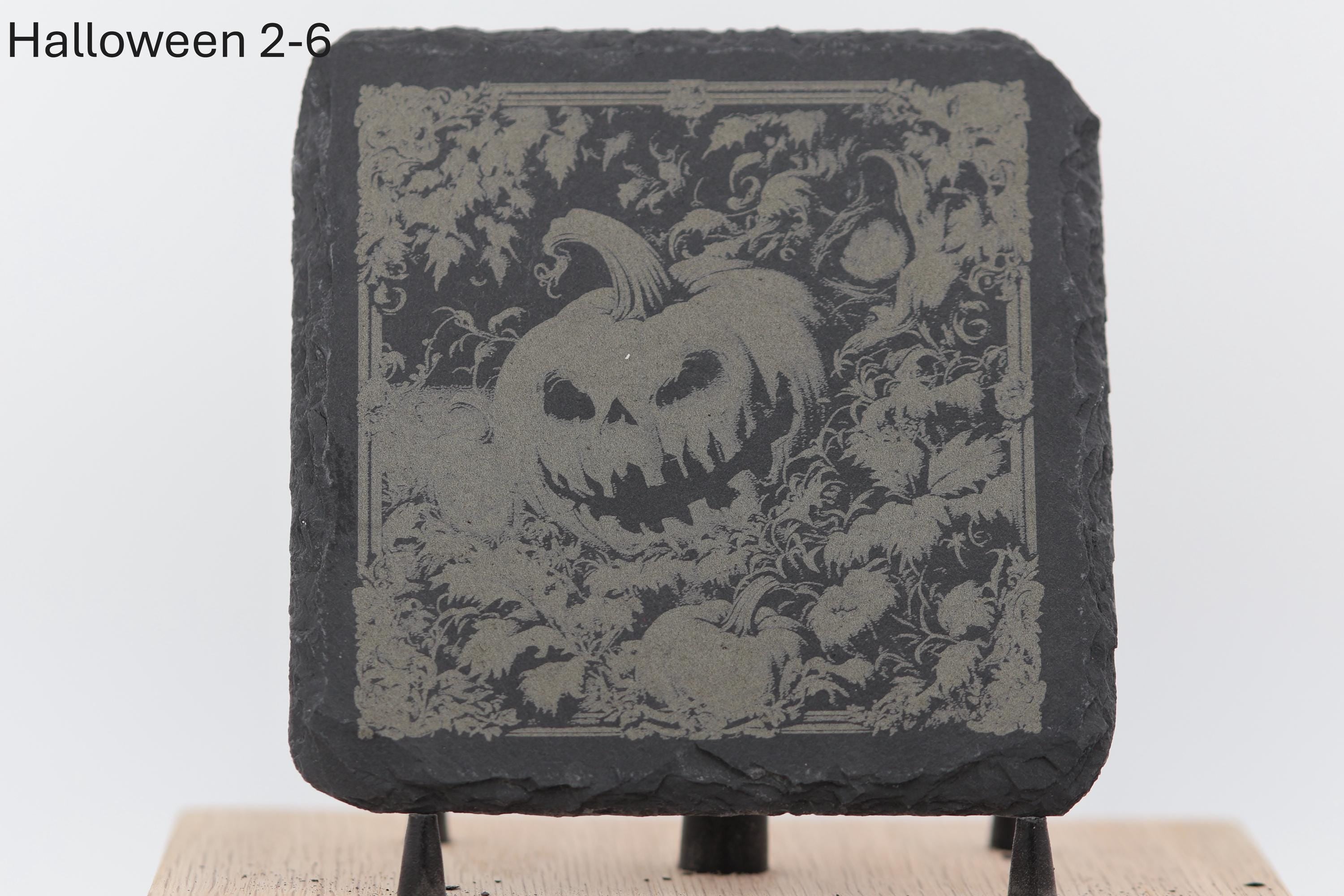 Laser engraved halloween slate coasters - home bar decor