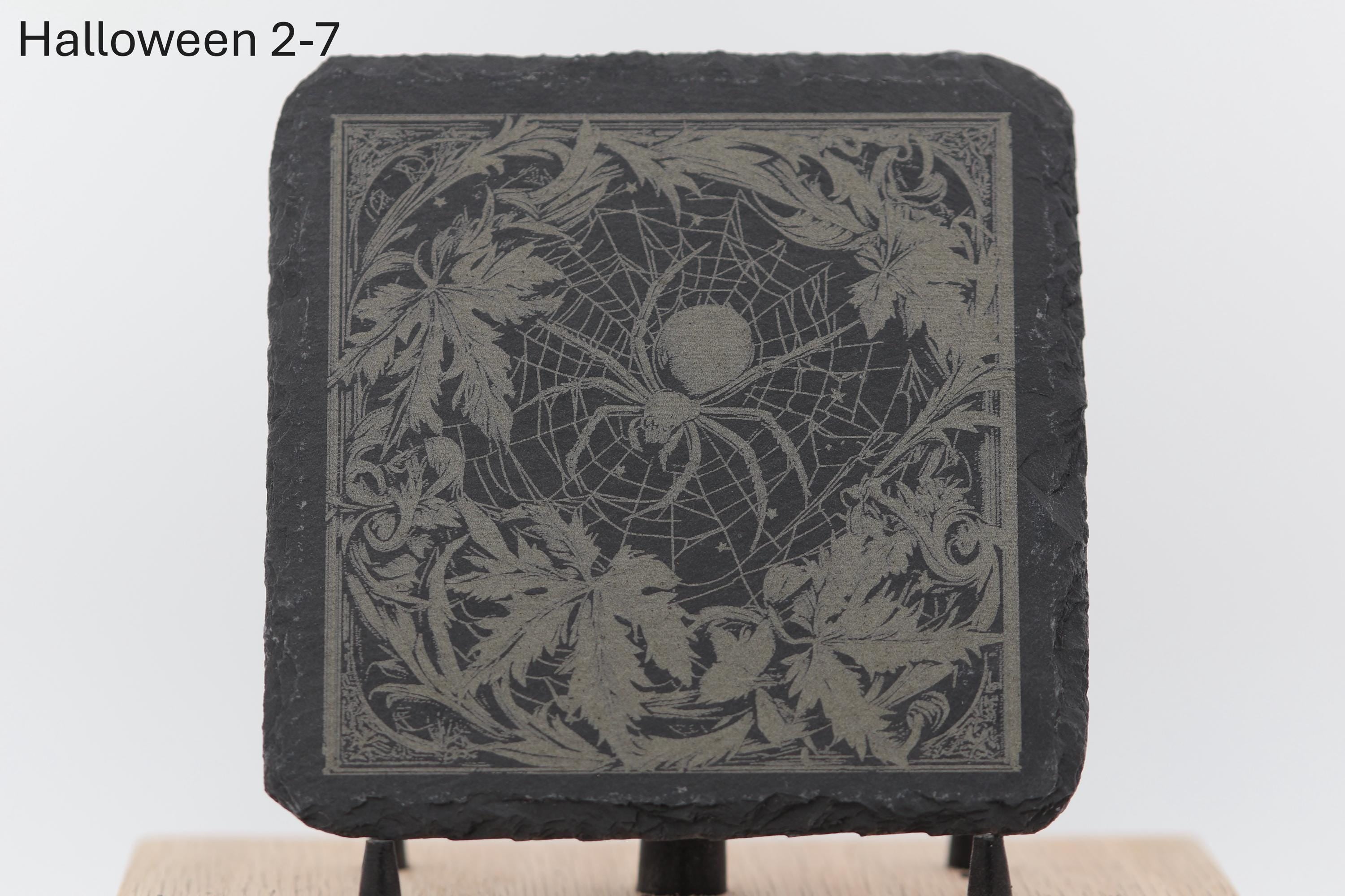 Laser engraved halloween slate coasters - home bar decor