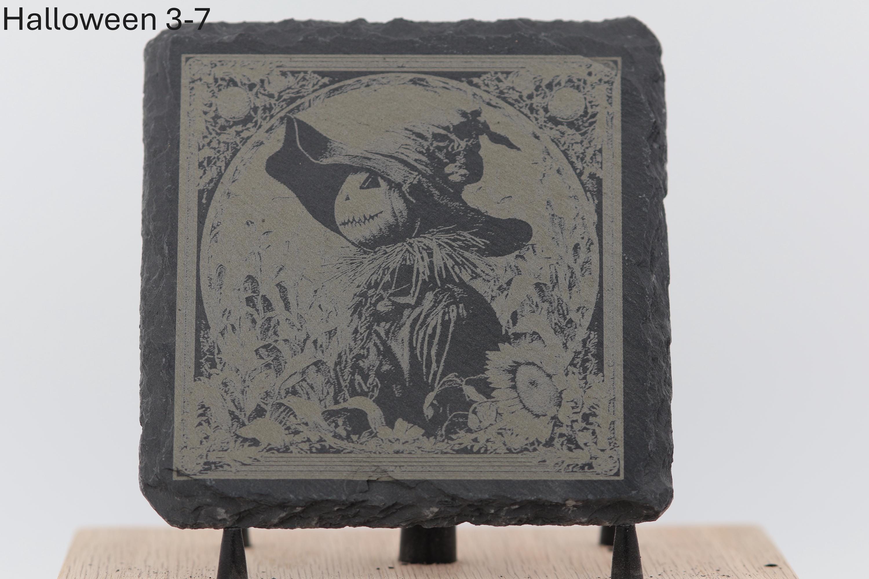 Laser engraved halloween slate coasters - spooky home bar gift