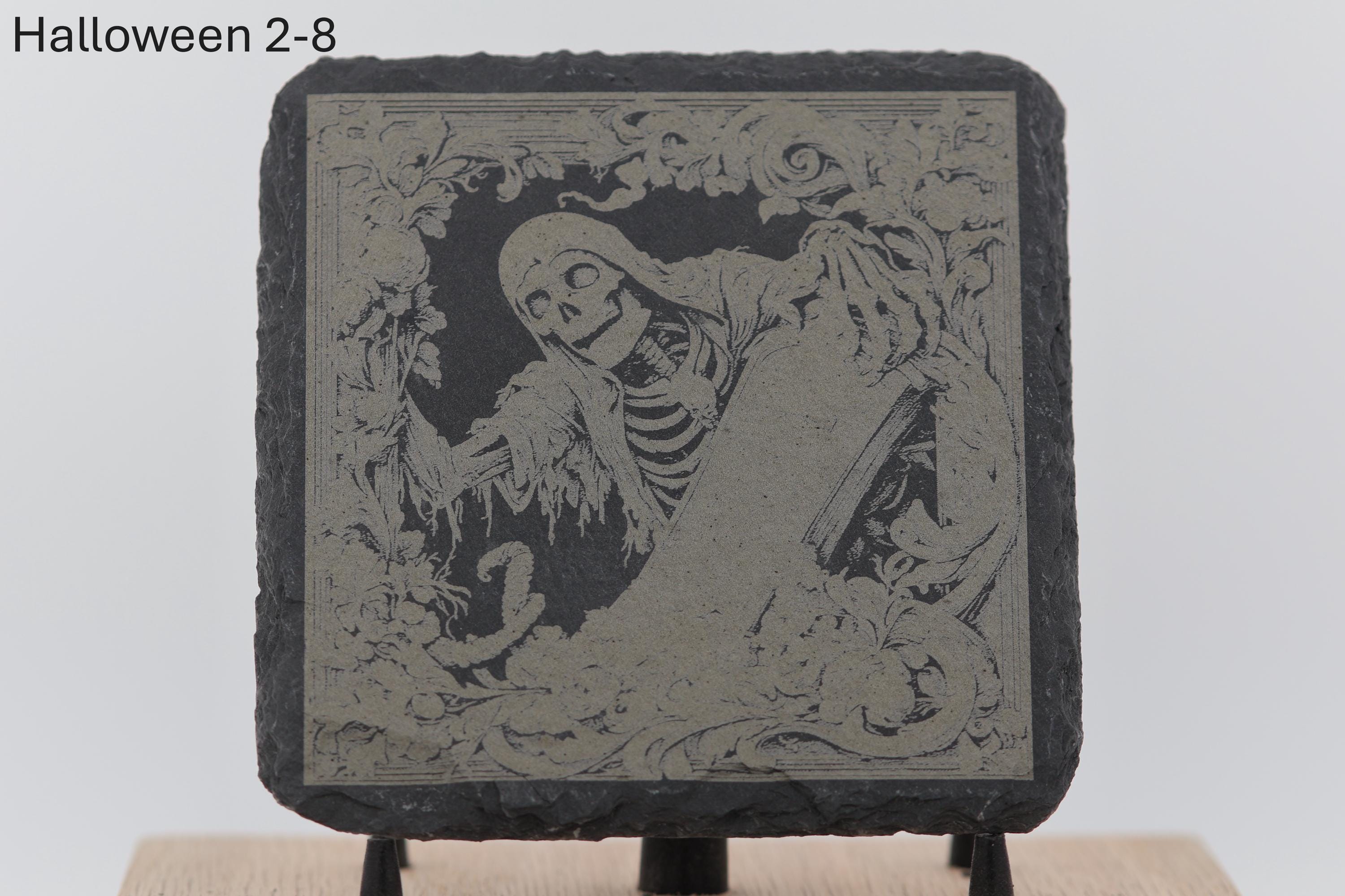 Laser engraved halloween slate coasters - home bar decor