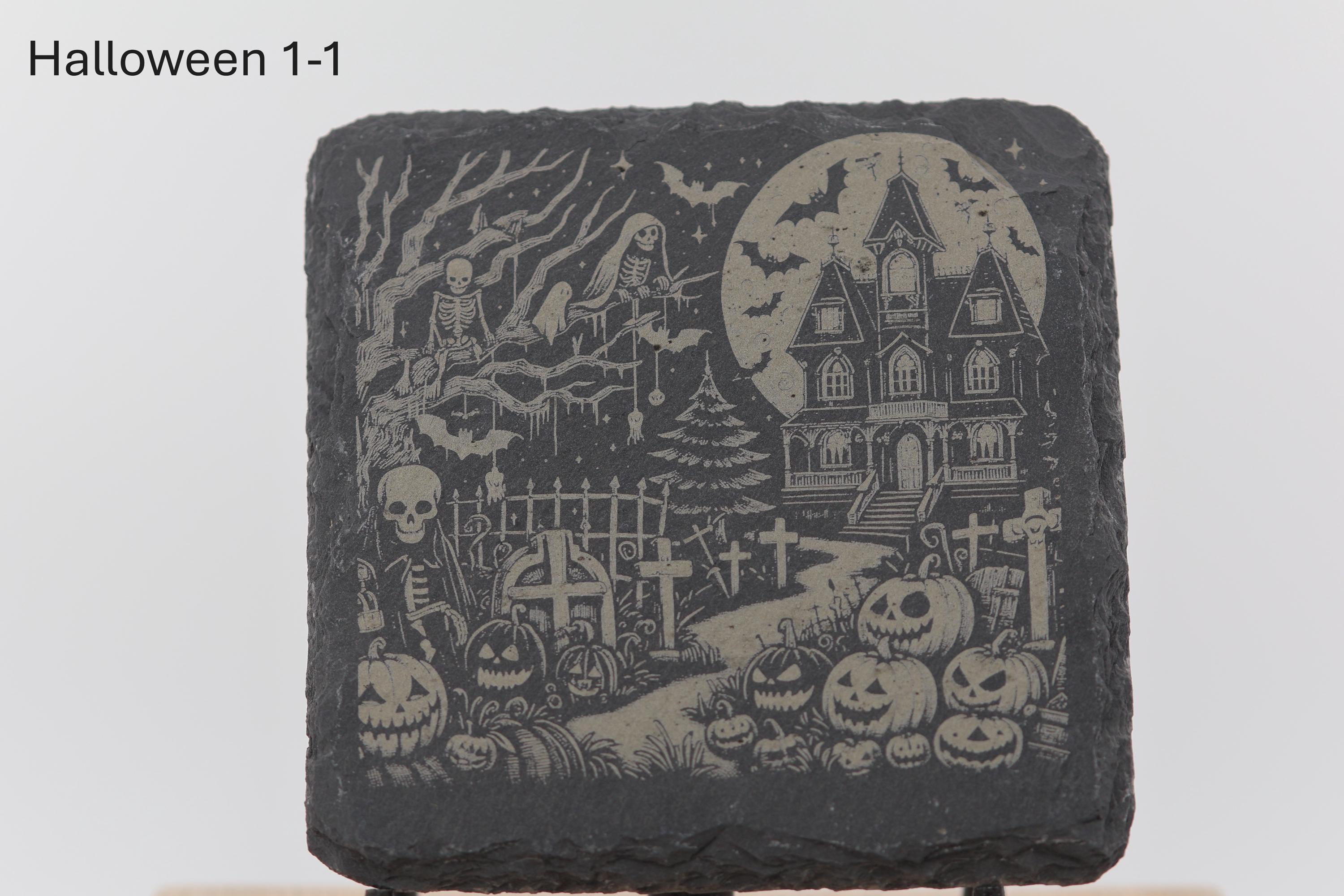 Laser engraved halloween slate coasters: home bar gift