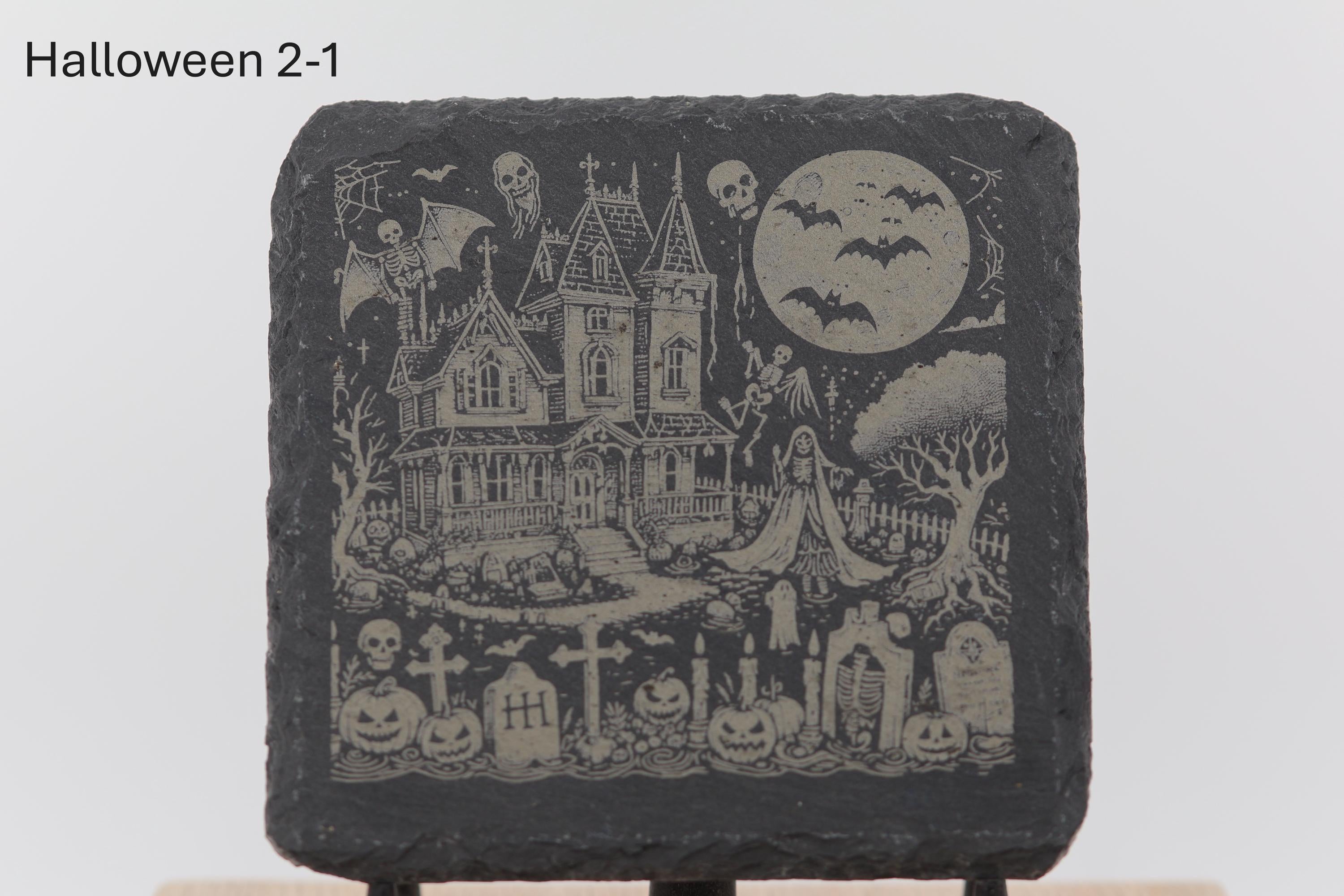 Laser engraved halloween slate coasters: home bar gift