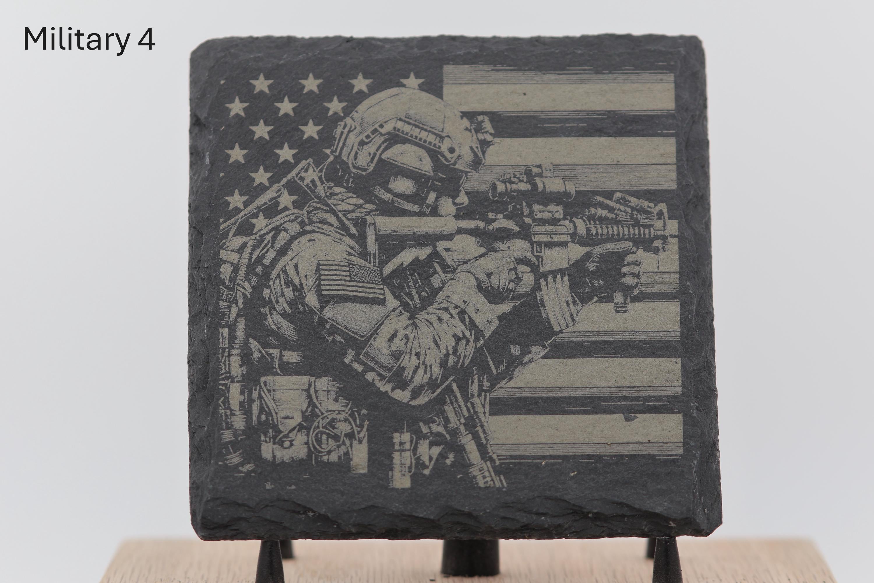Laser engraved military series slate coaster: home bar gift (4"x4")