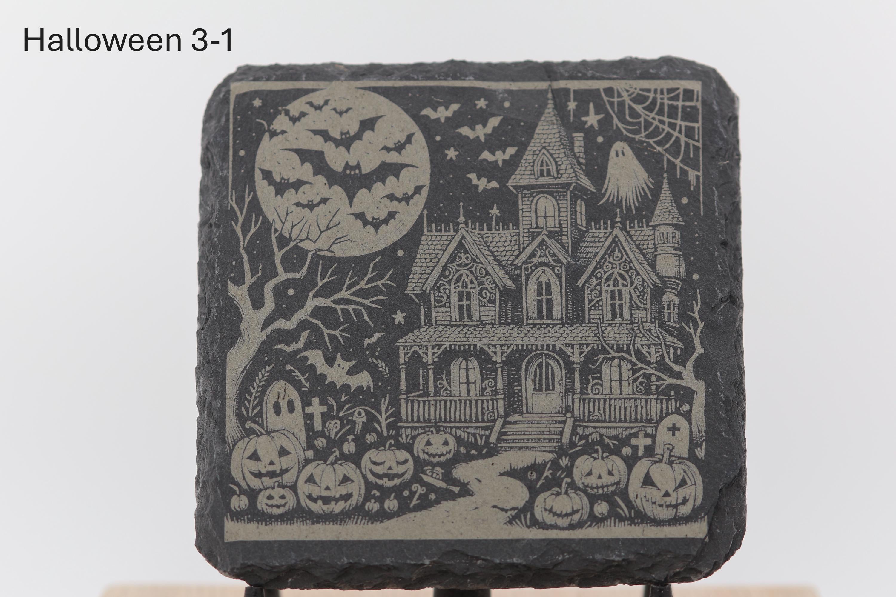 Laser engraved halloween slate coasters: home bar gift