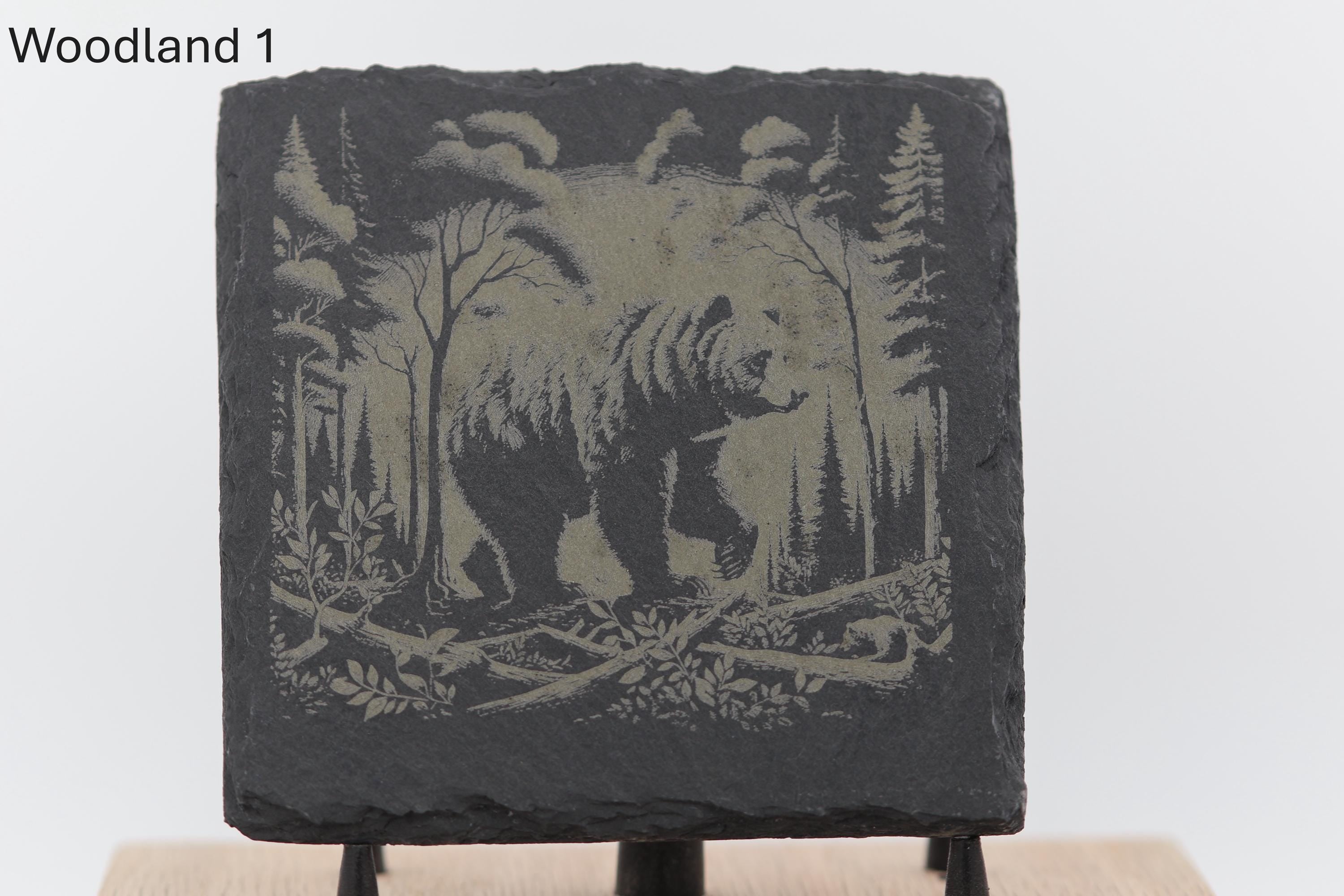 Laser engraved slate woodland coasters: rustic home bar decor