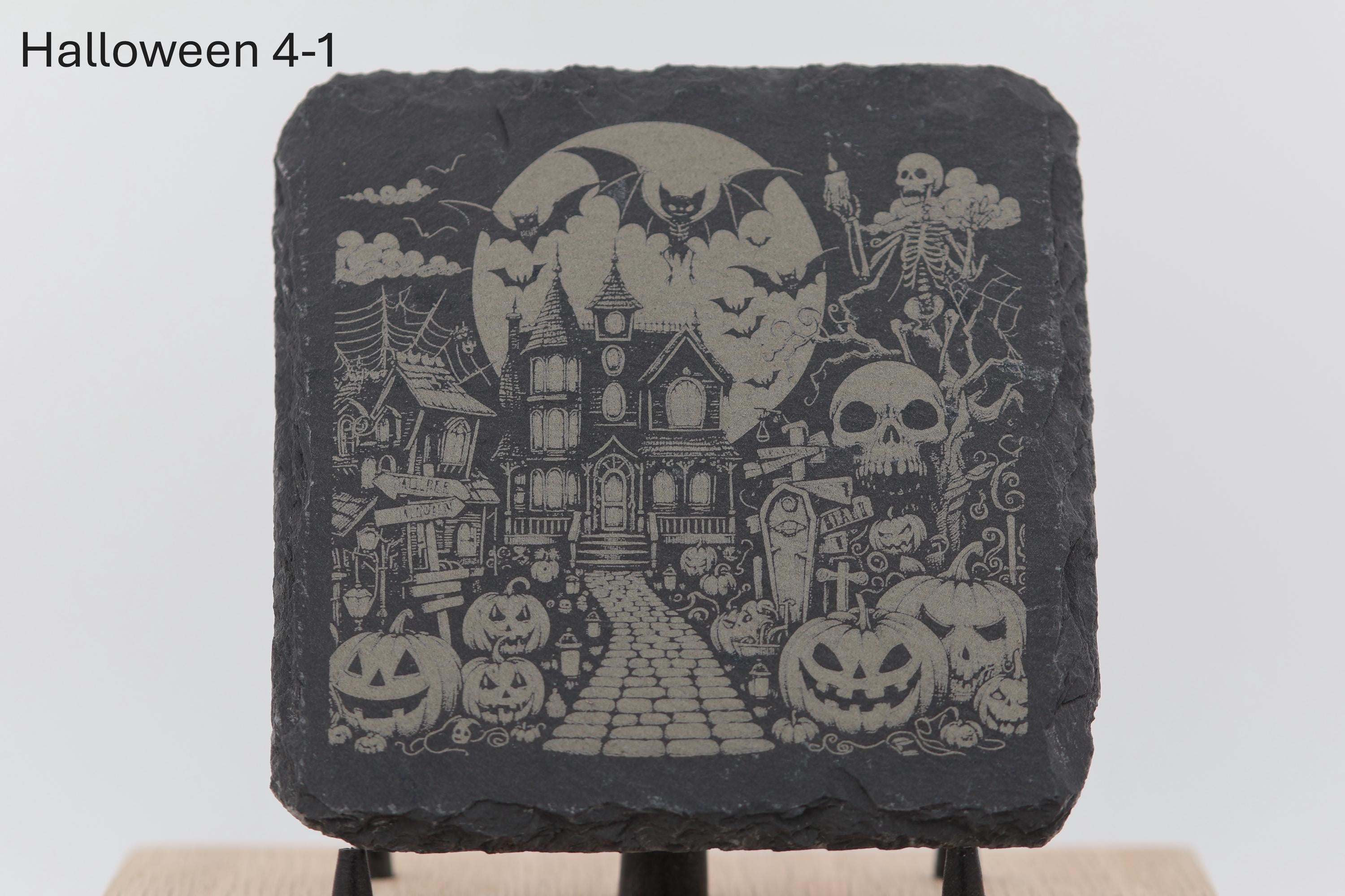 Laser engraved halloween slate coasters: home bar gift