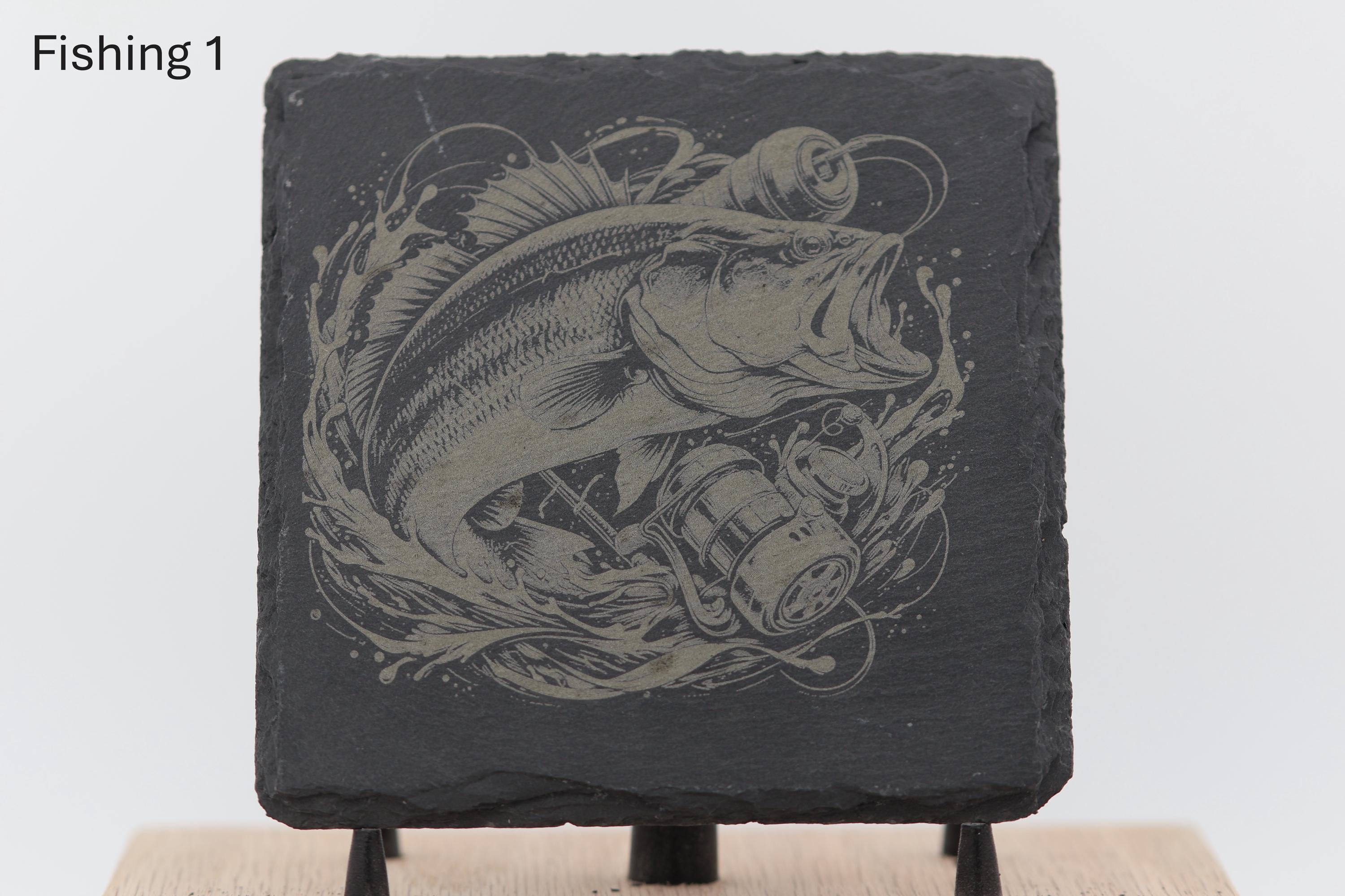 Laser engraved fishing slate coasters: angler gift, cabin decor