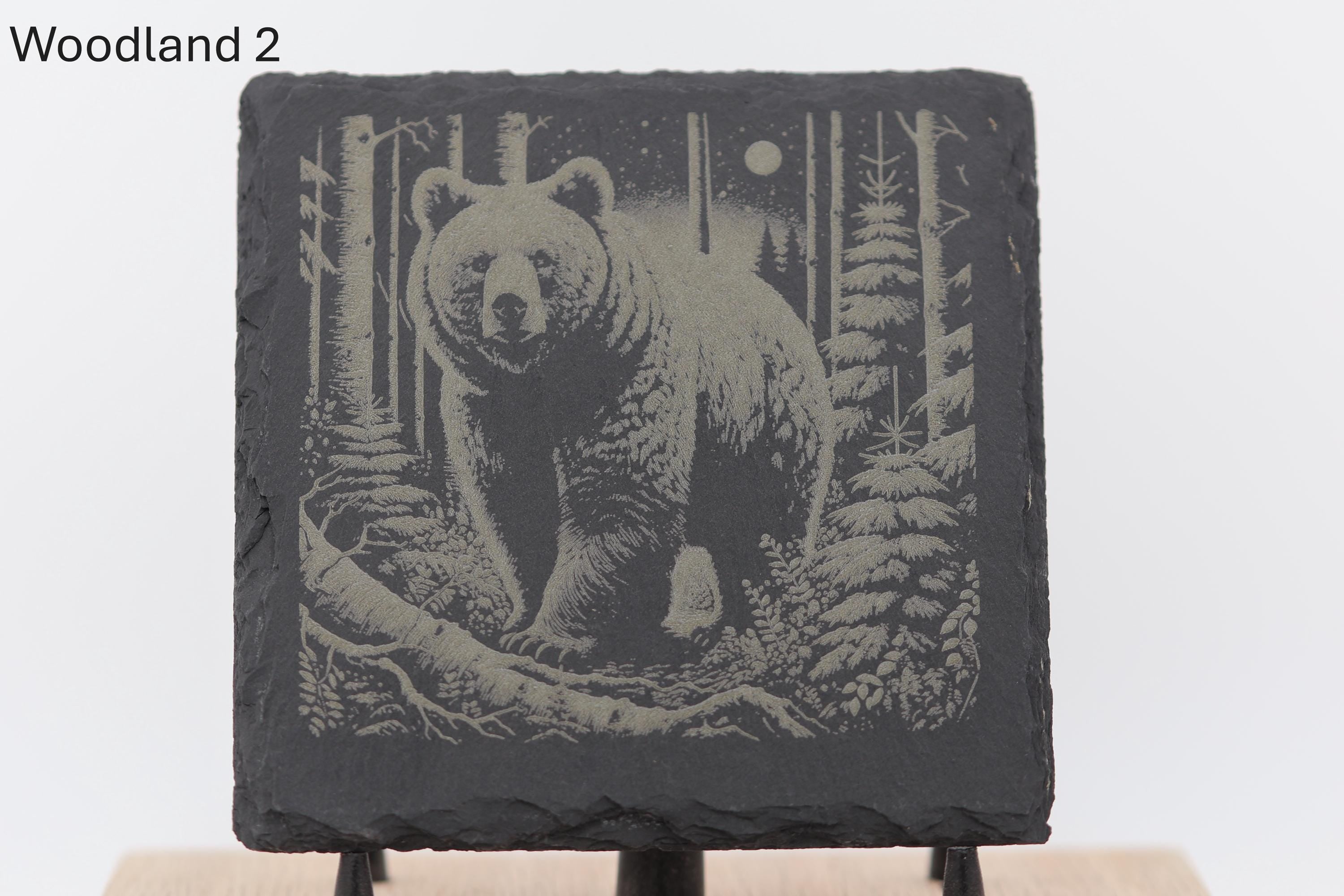 Laser engraved slate woodland coasters: rustic home bar decor