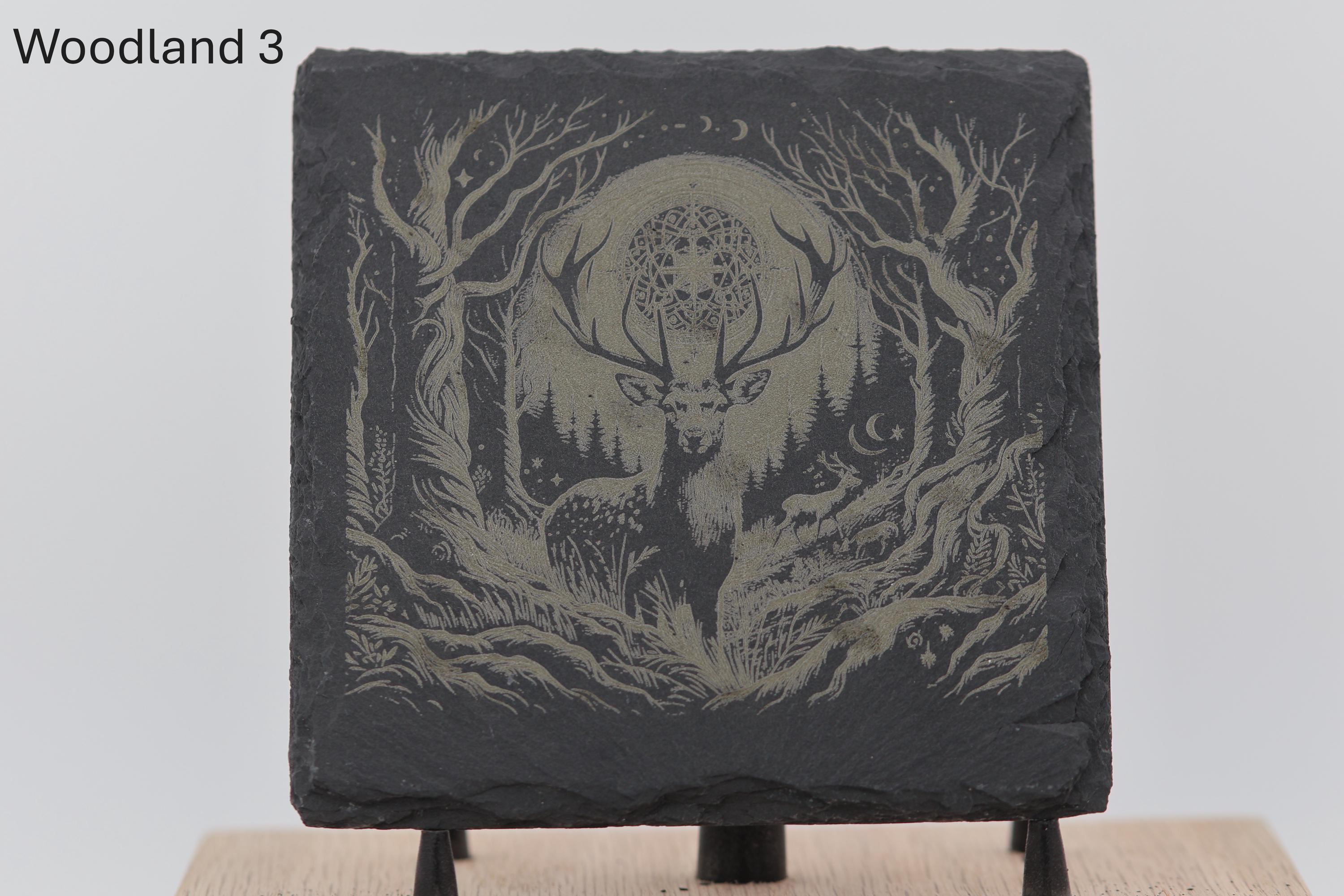 Laser engraved slate woodland coasters: rustic home bar decor