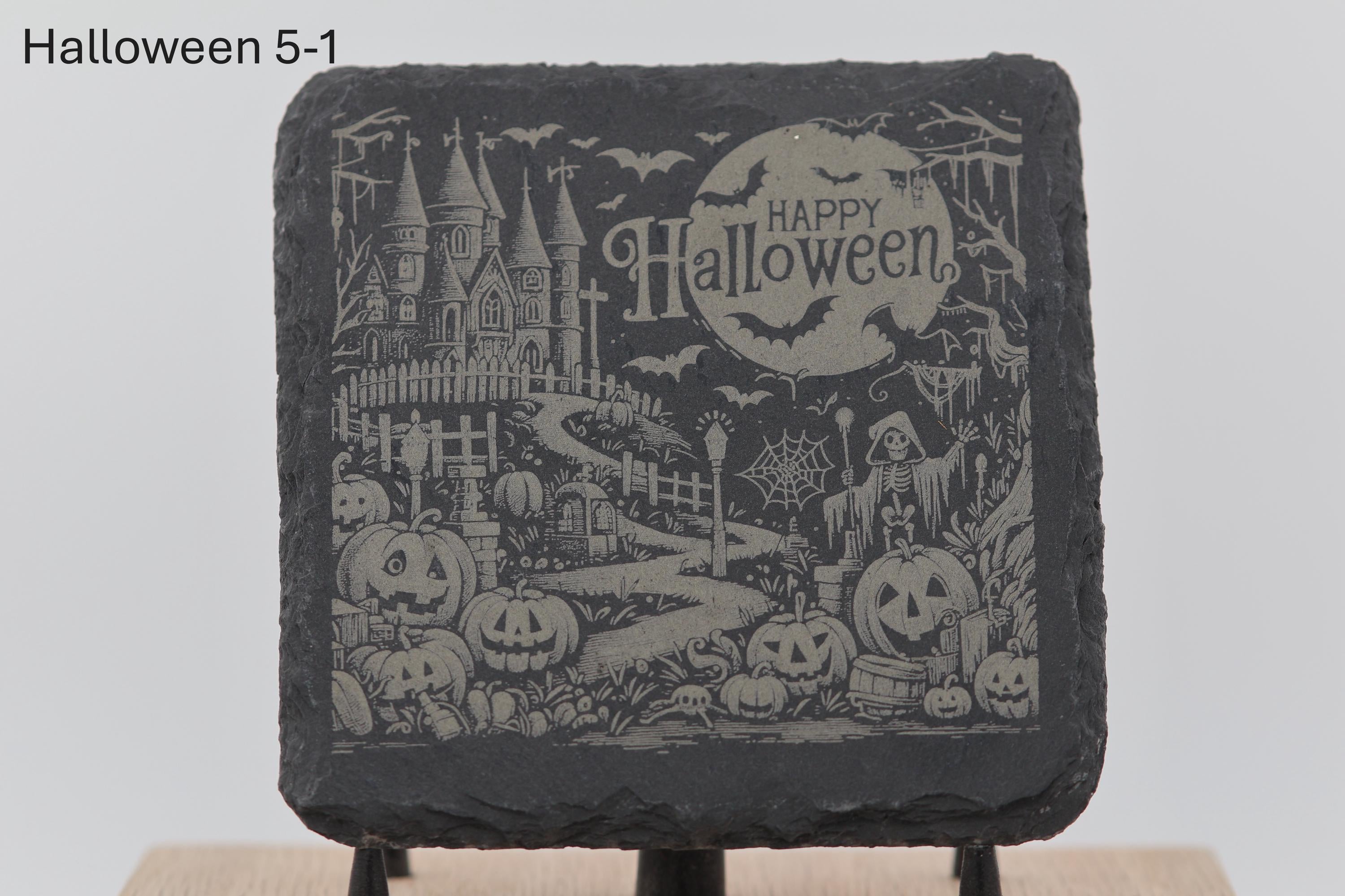 Laser engraved halloween slate coasters: home bar gift