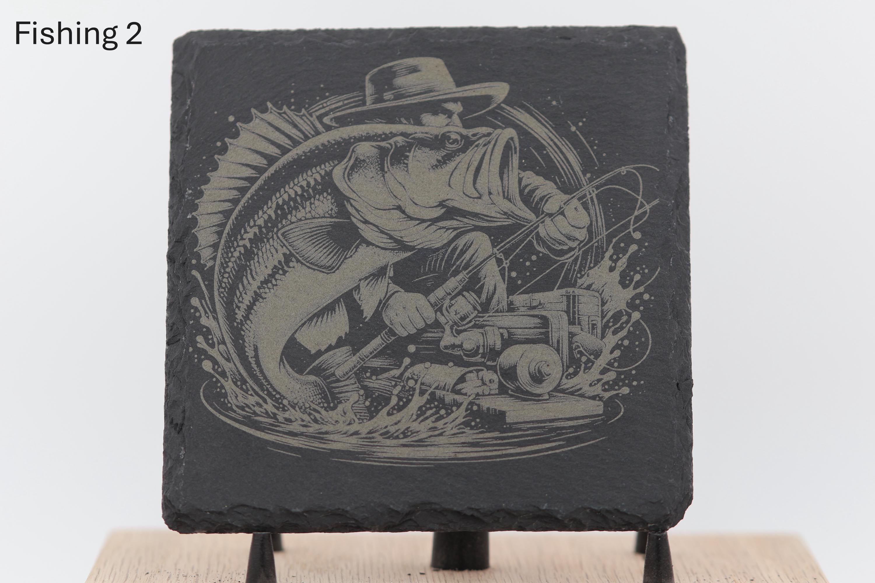 Laser engraved fishing slate coasters: angler gift, cabin decor