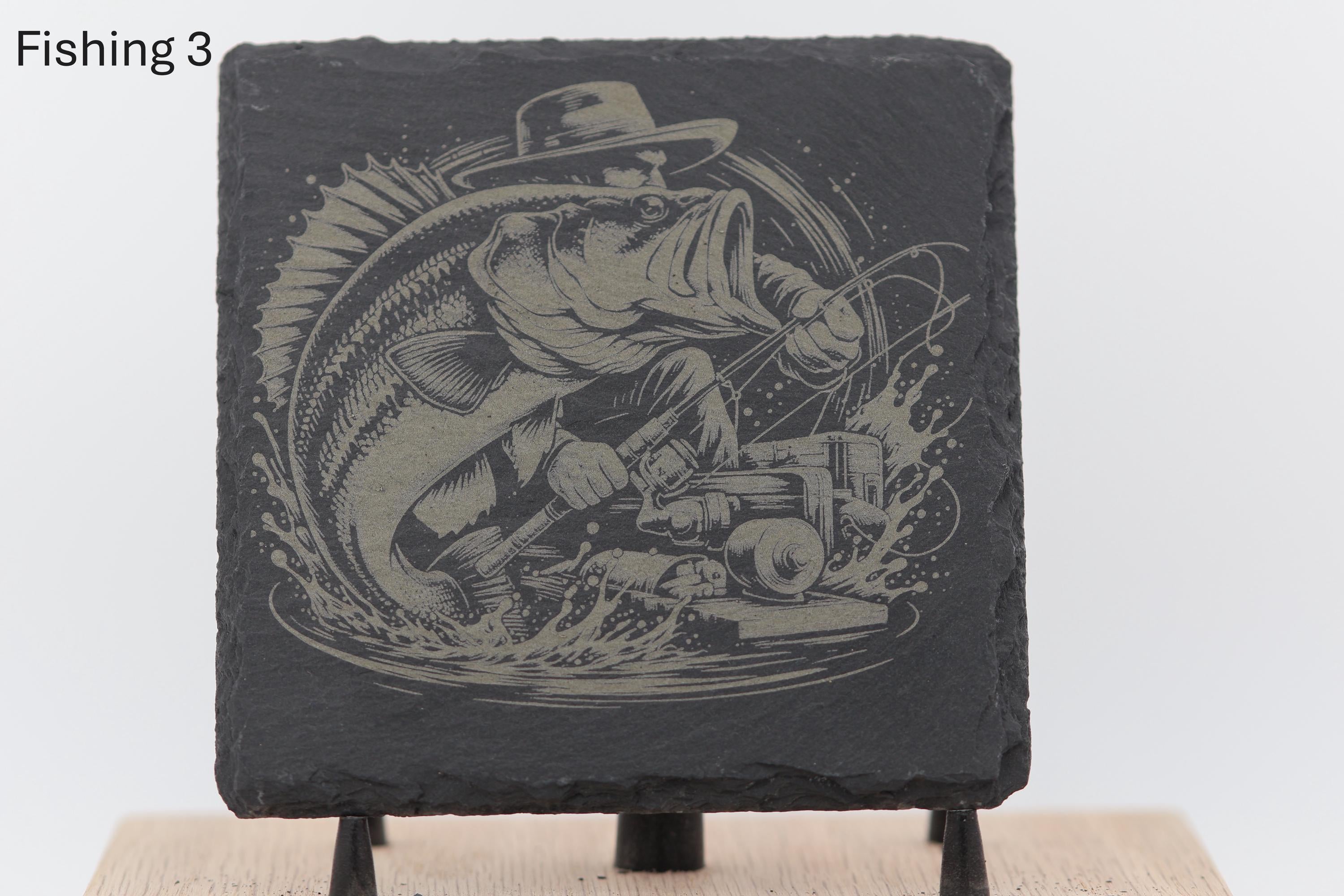 Laser engraved fishing slate coasters: angler gift, cabin decor
