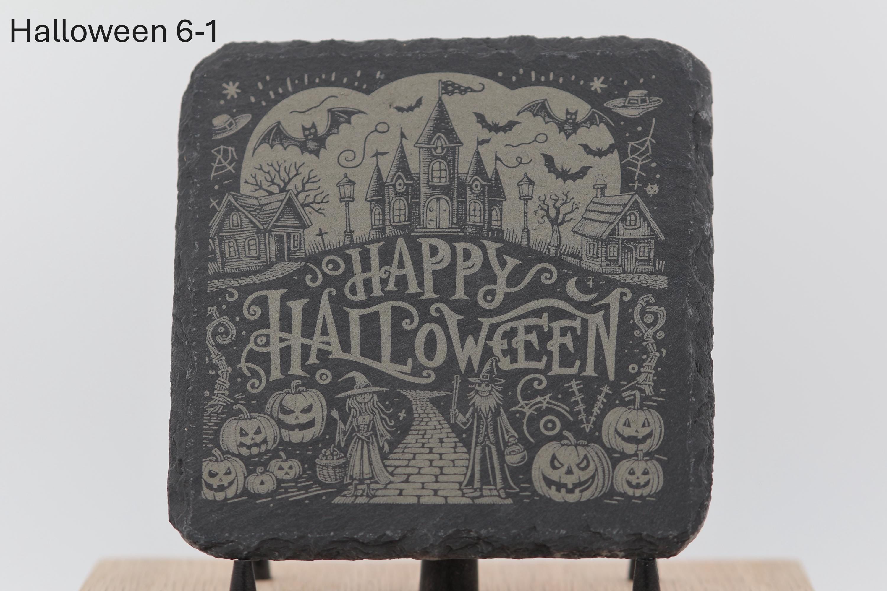 Laser engraved halloween slate coasters: home bar gift