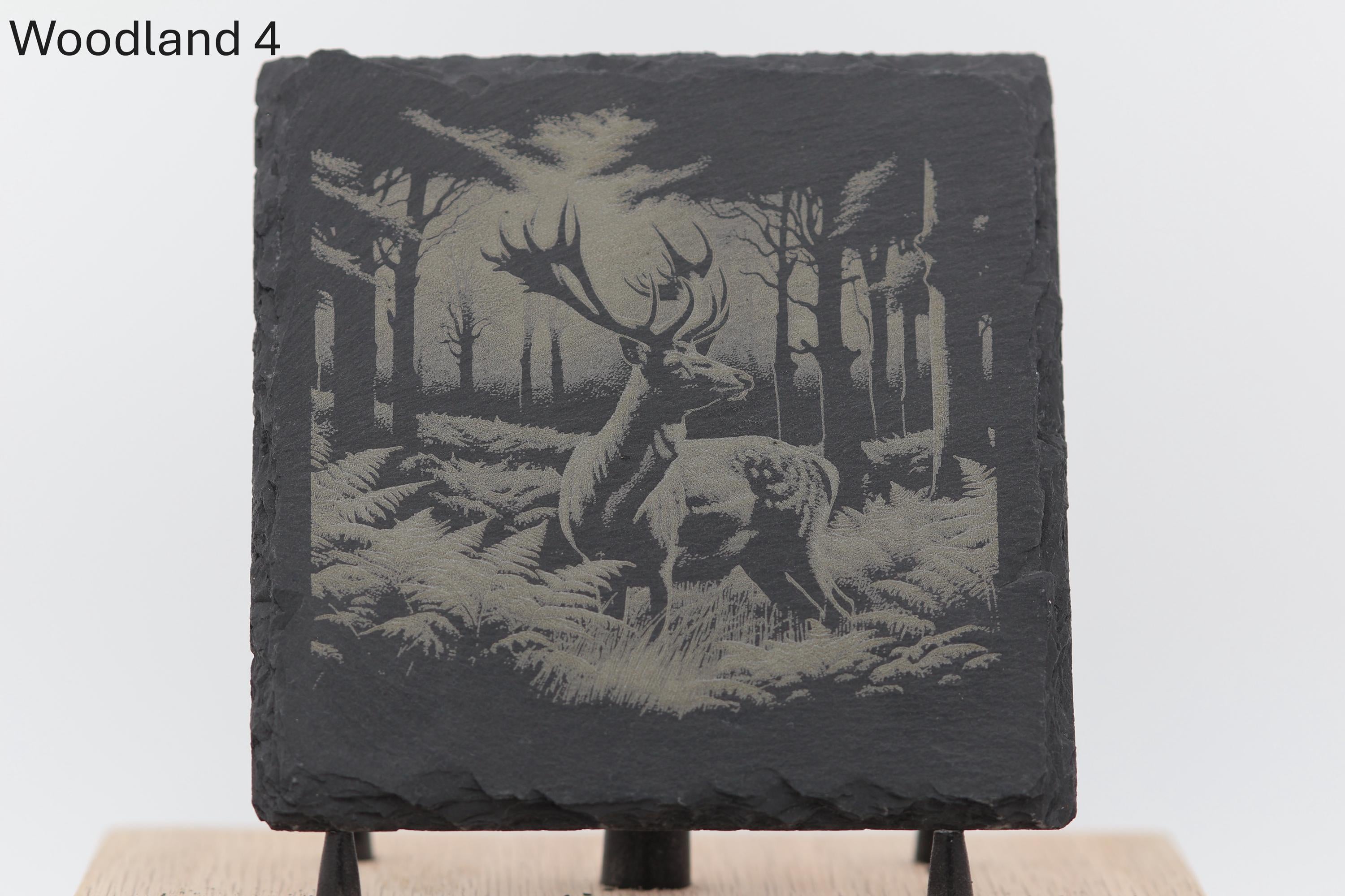 Laser engraved slate woodland coasters: rustic home bar decor