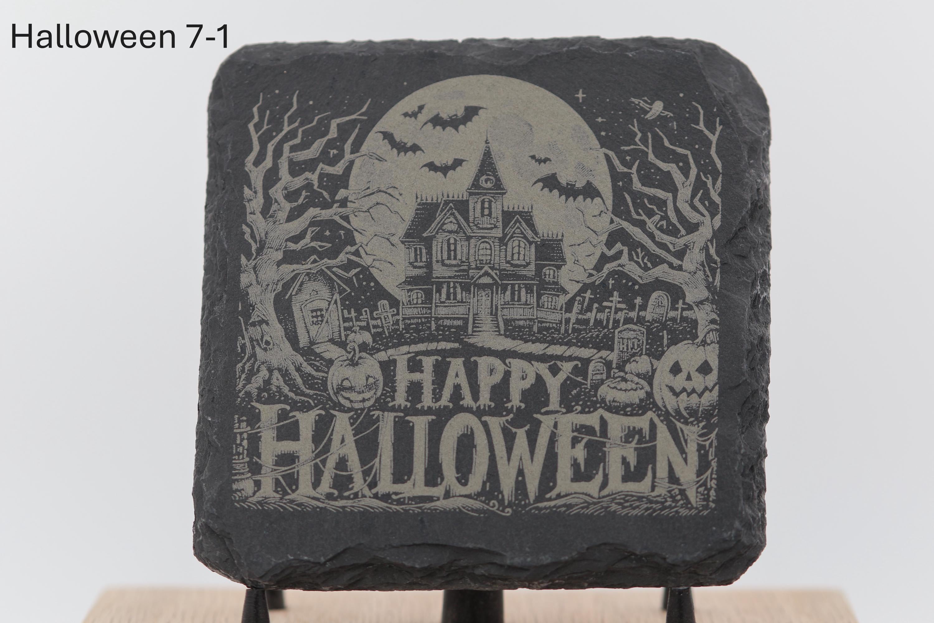 Laser engraved halloween slate coasters: home bar gift