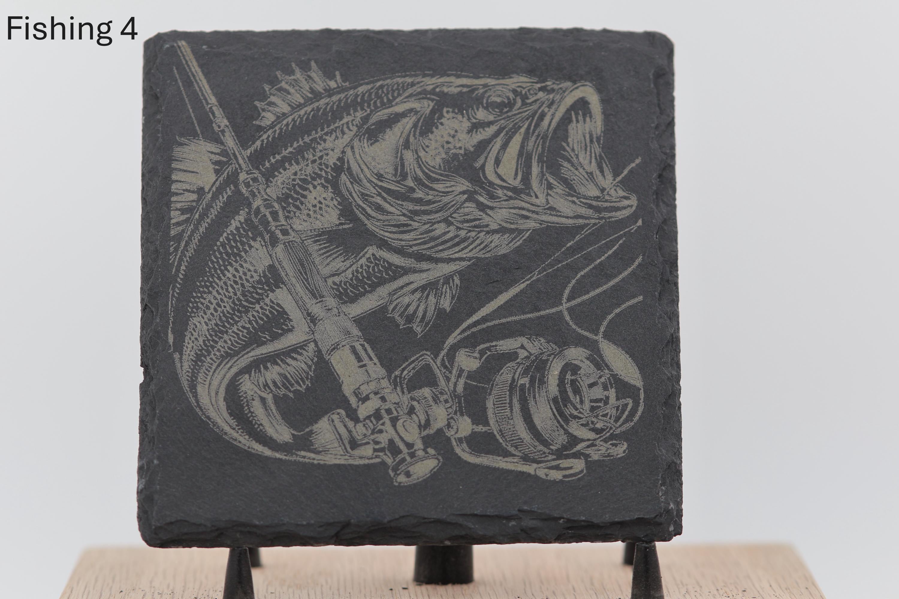 Laser engraved fishing slate coasters: angler gift, cabin decor