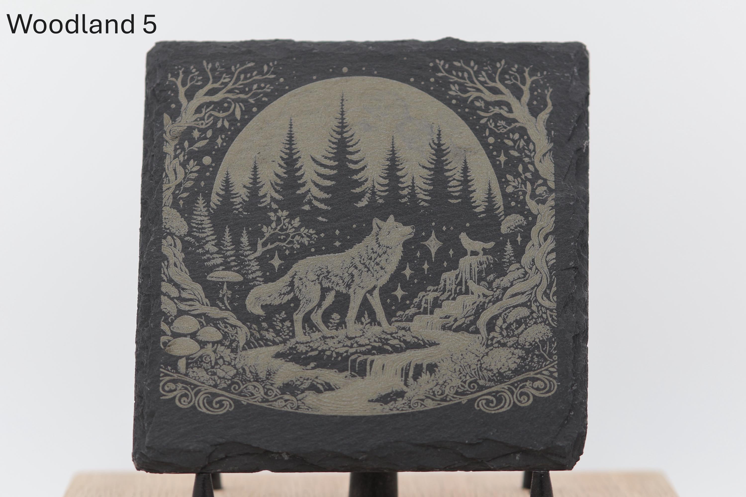 Laser engraved slate woodland coasters: rustic home bar decor