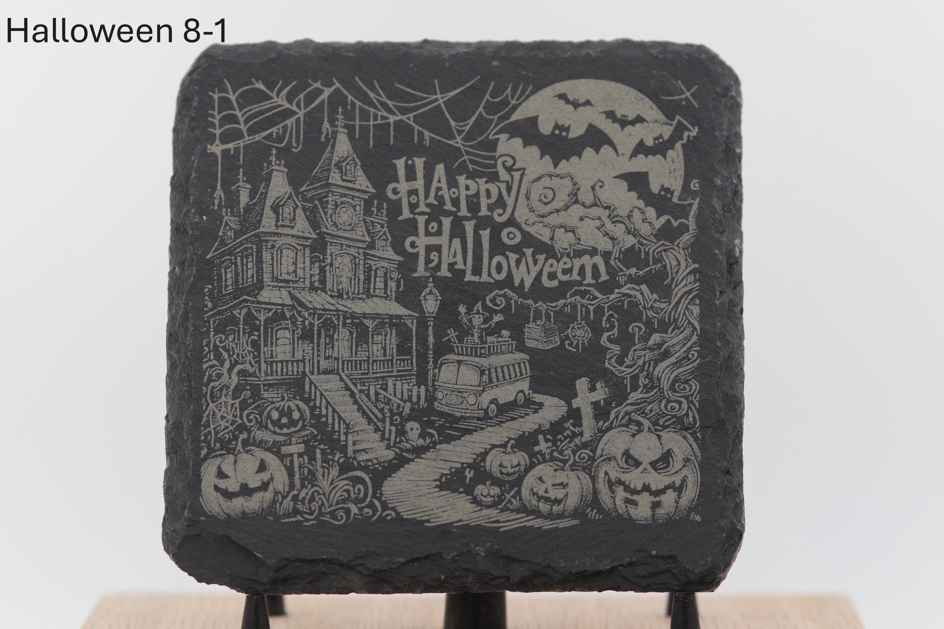Laser engraved halloween slate coasters: home bar gift