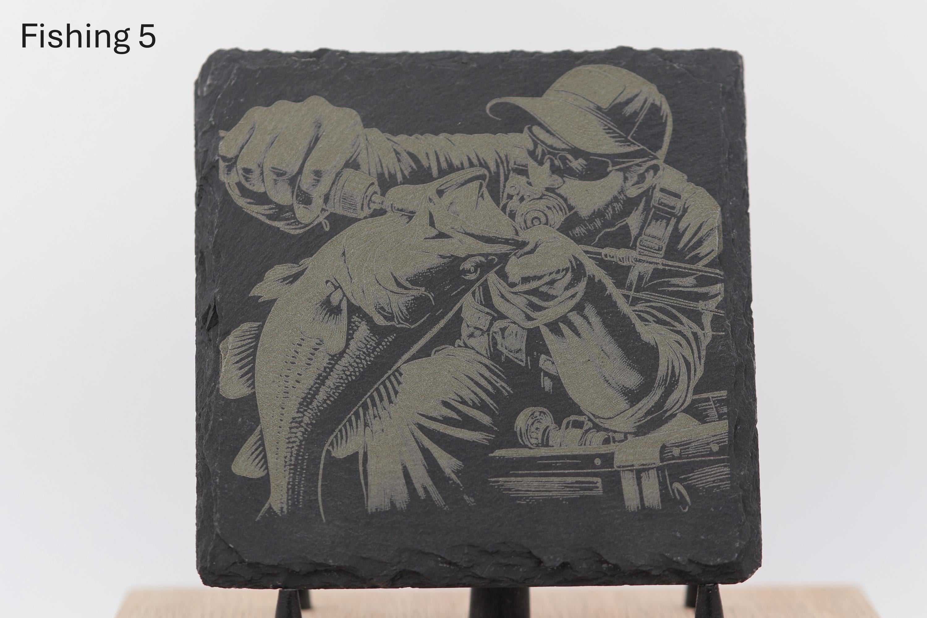 Laser engraved fishing slate coasters: angler gift, cabin decor