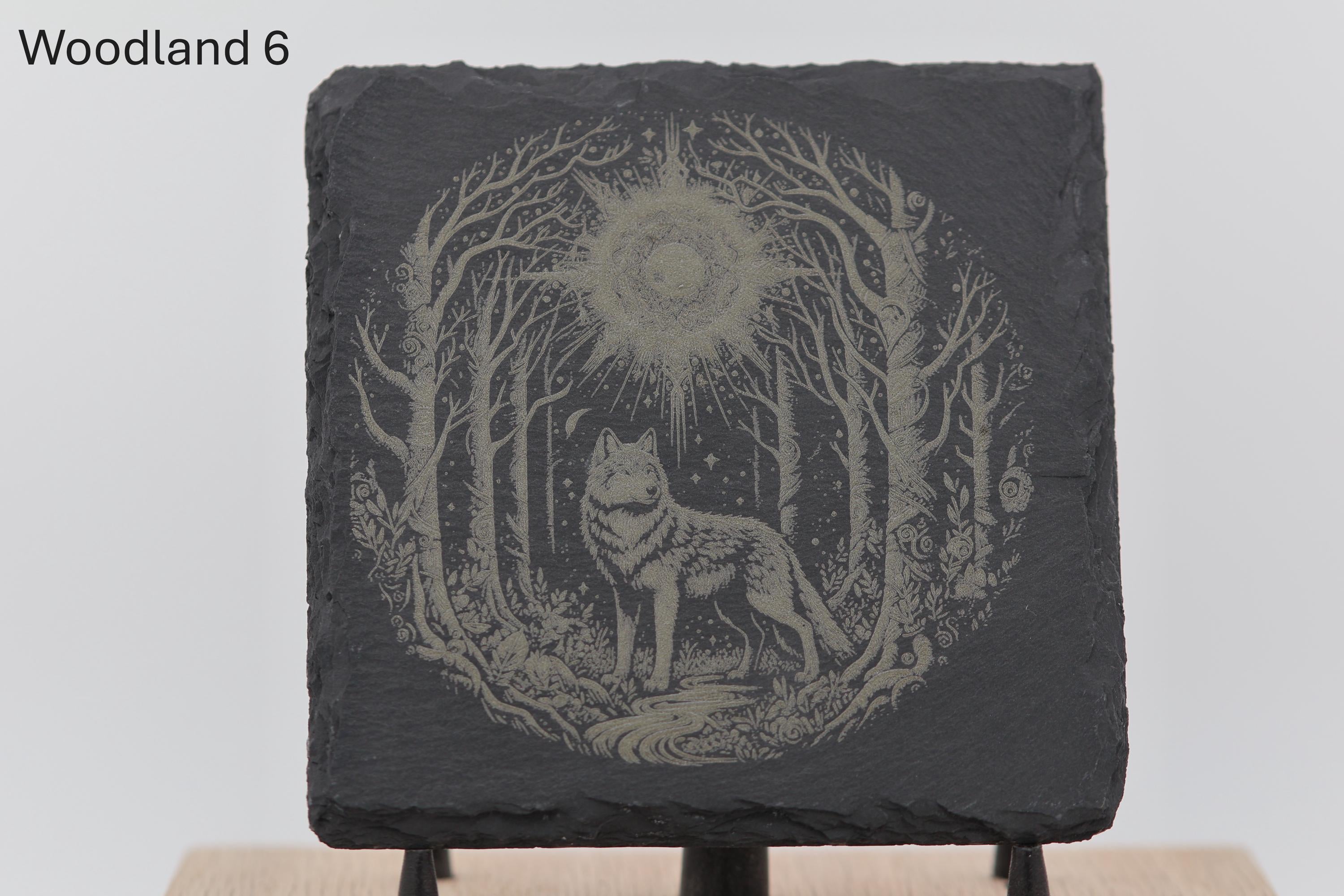 Laser engraved slate woodland coasters: rustic home bar decor