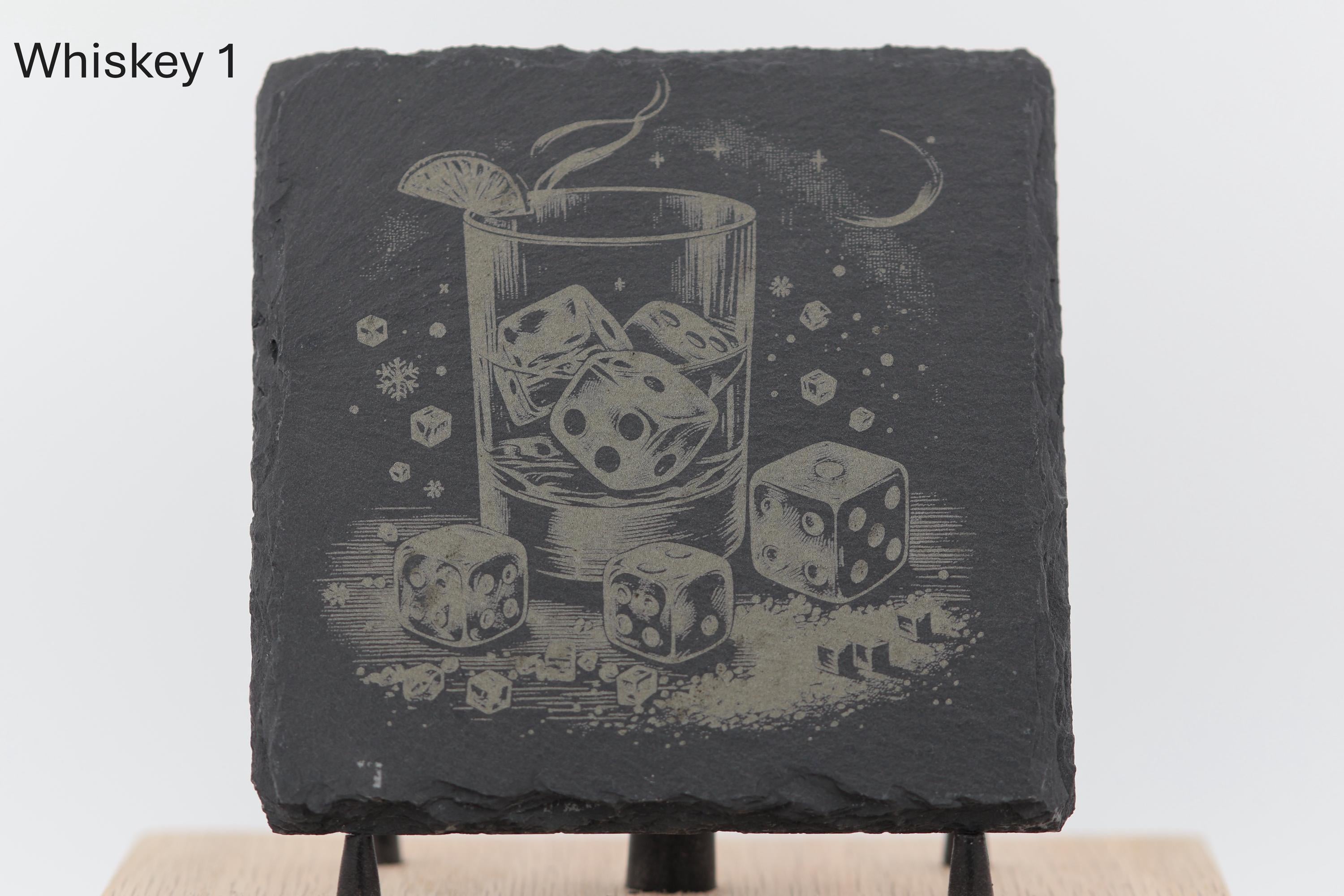 Laser engraved slate whiskey coasters: pick & choose home bar decor