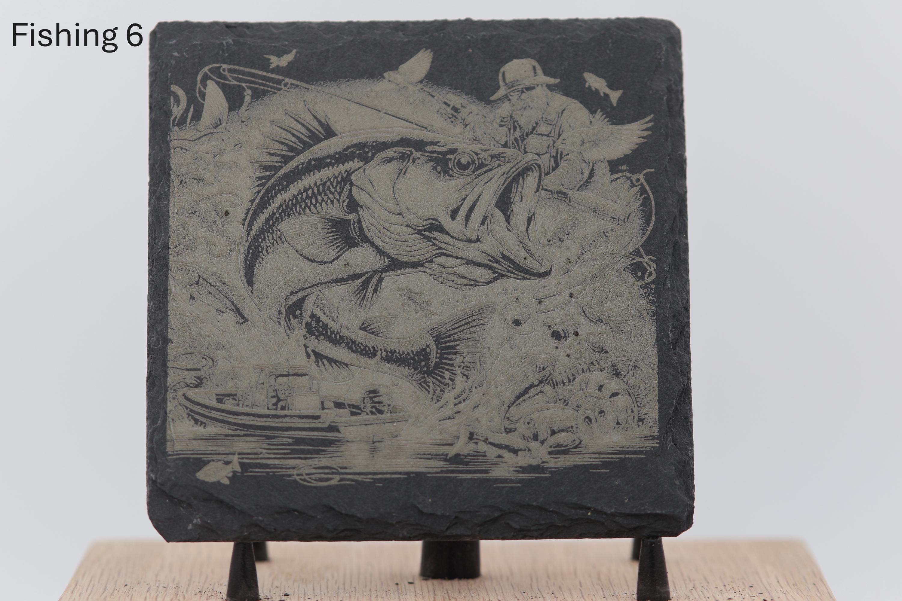 Laser engraved fishing slate coasters: angler gift, cabin decor